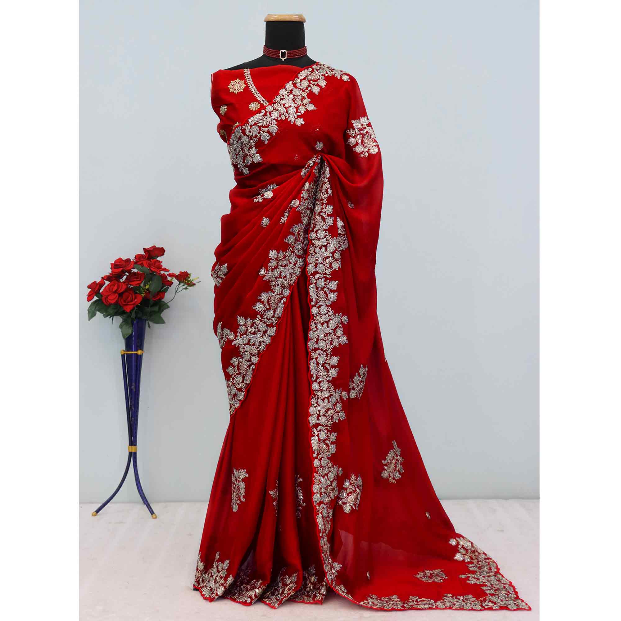 Red Silk Blend Saree Elegantly Embellished With Embroidery And Sparkling Sequins Work