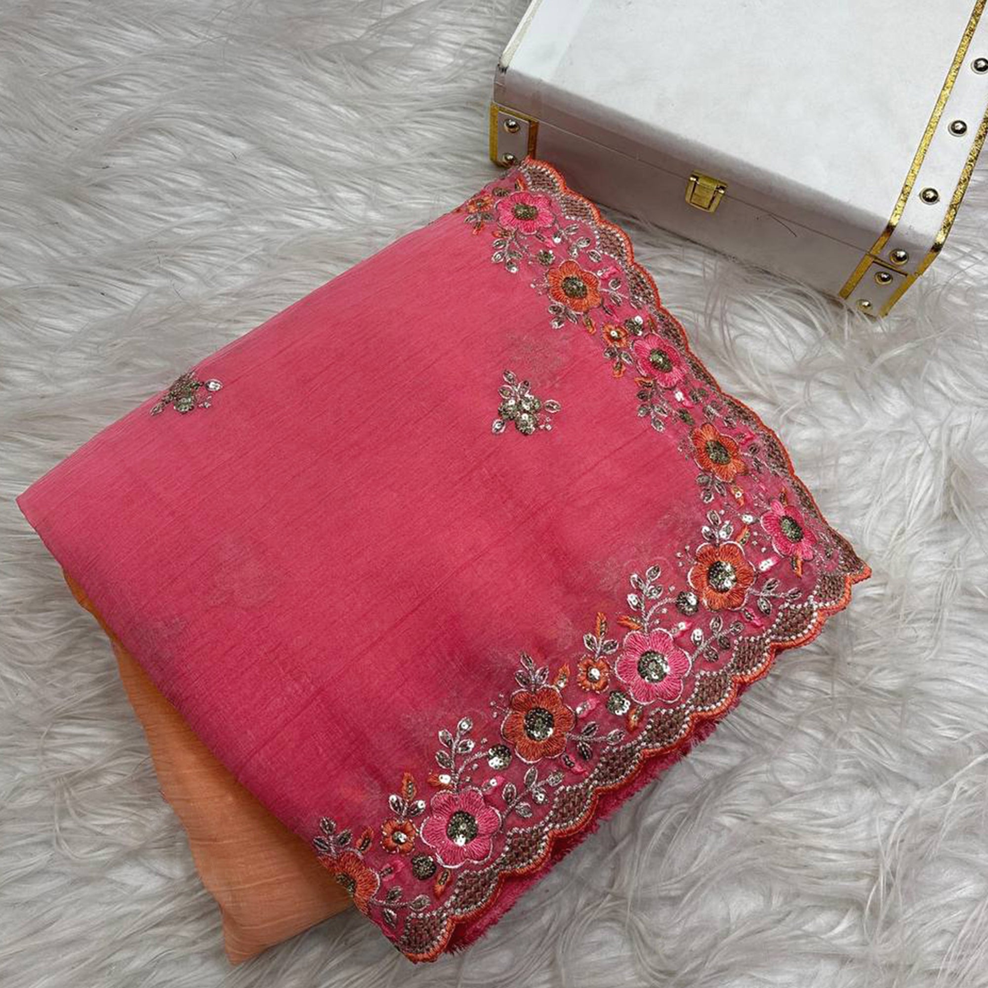 Radiant Orange Crunchy Ombre Saree Adorned with Floral Thread Embroidery & Sequins Work