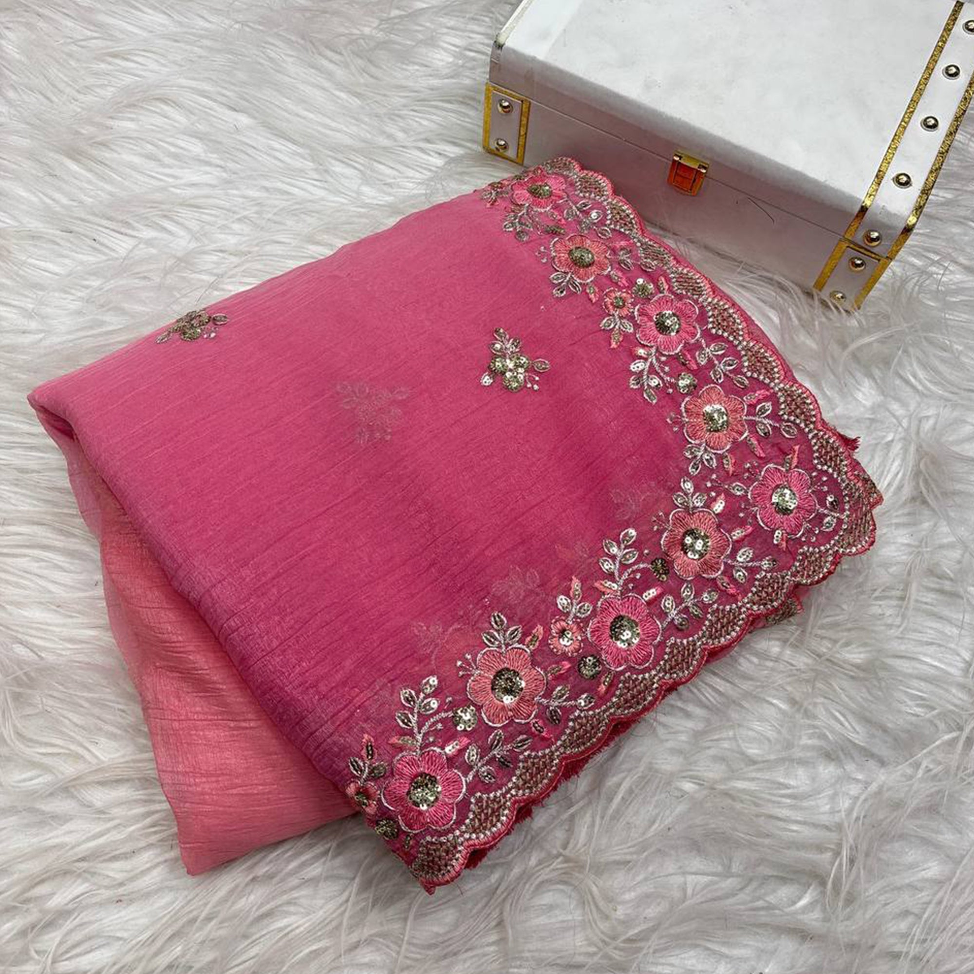 Radiant Pink Crunchy Ombre Saree Adorned with Floral Thread Embroidery & Sequins Work