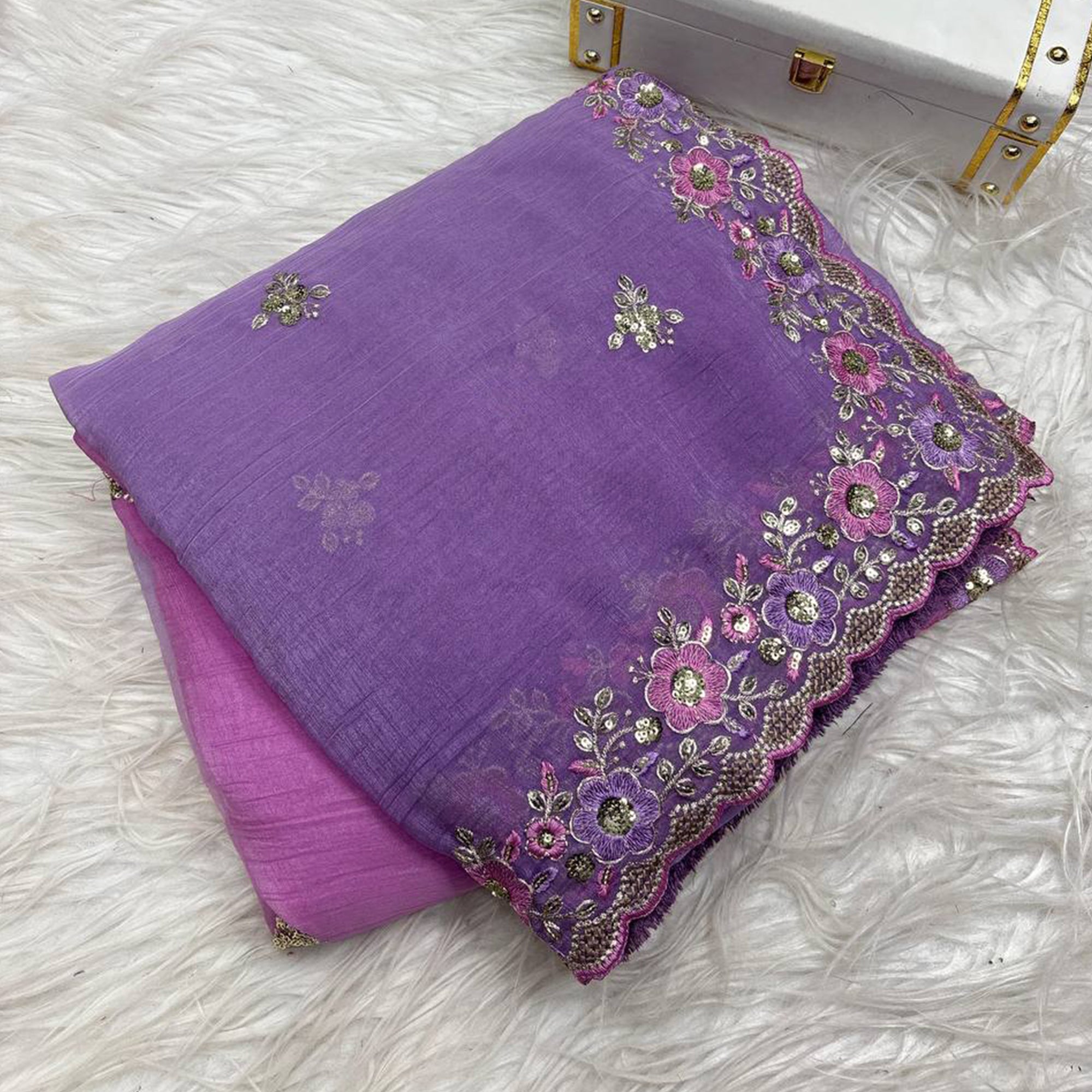 Radiant Purple Crunchy Ombre Saree Adorned with Floral Thread Embroidery & Sequins Work