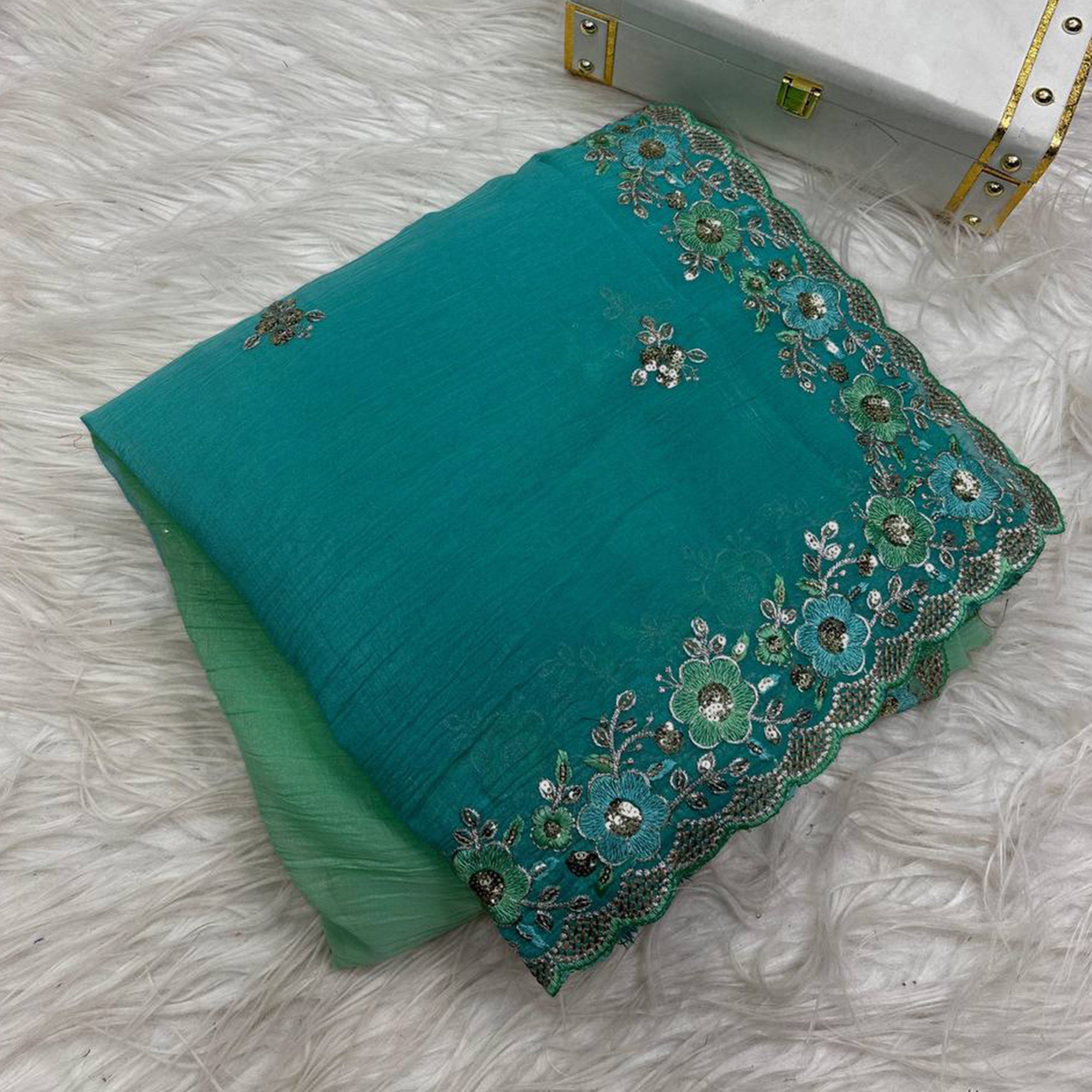 Radiant Teal Green Crunchy Ombre Saree Adorned with Floral Thread Embroidery & Sequins Work