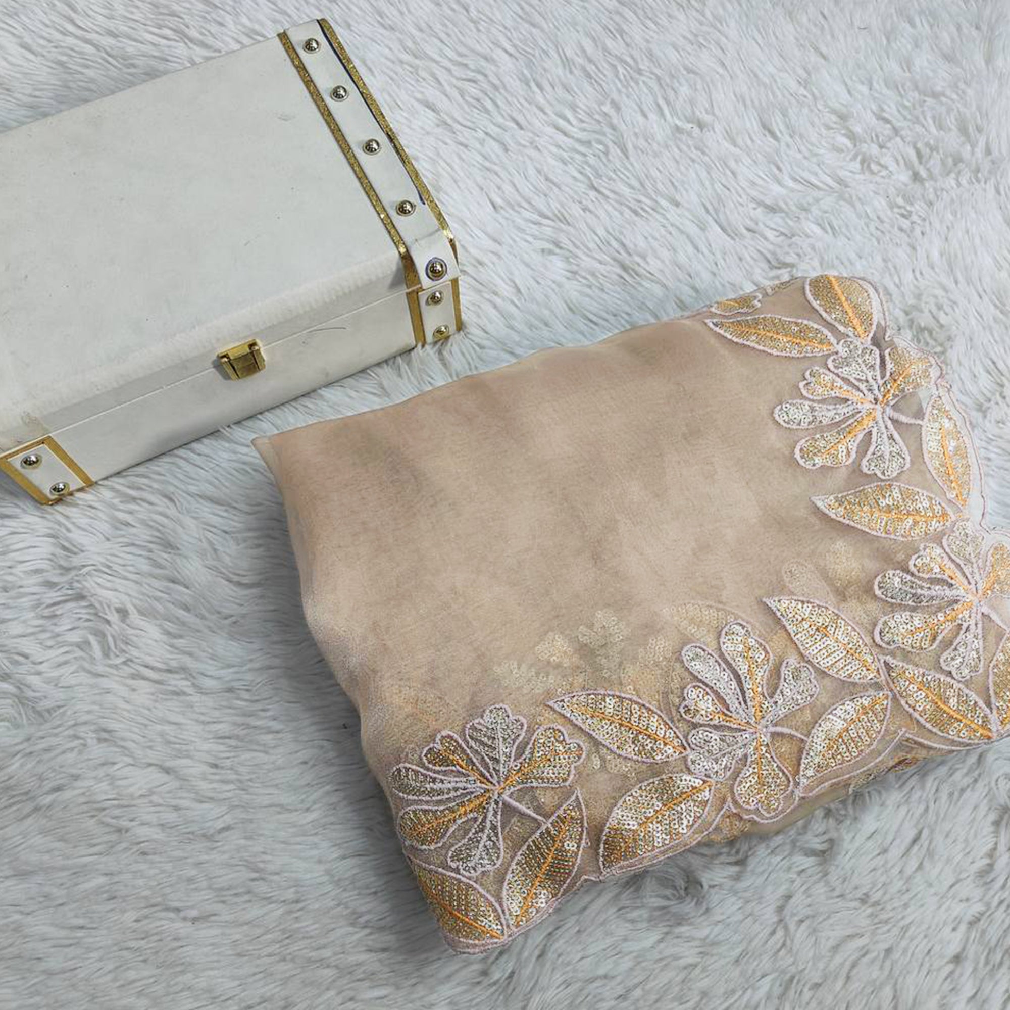 Sophisticated Beige Organza Silk Saree Beautified With Intricate Floral Embroidery & Sequins Work