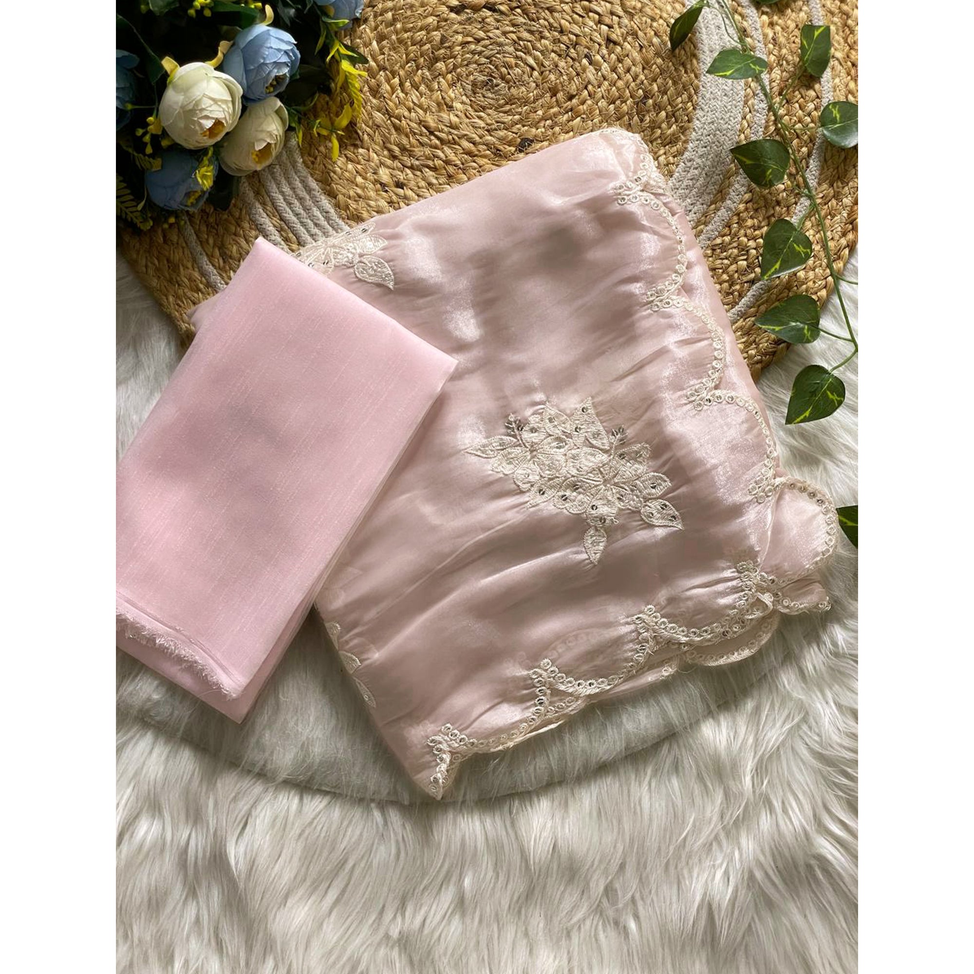 Captivating Pink Floral Thread Embroidered Jimmy Choo Satin Saree With Gleaming Sequins Work