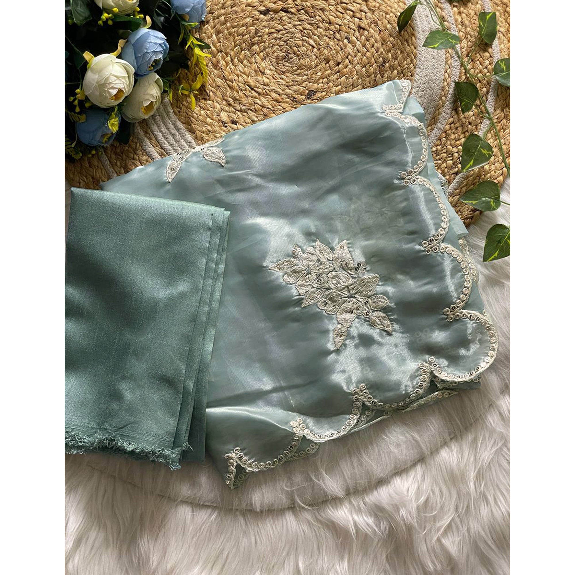 Captivating Sky Blue Floral Thread Embroidered Jimmy Choo Satin Saree With Gleaming Sequins Work