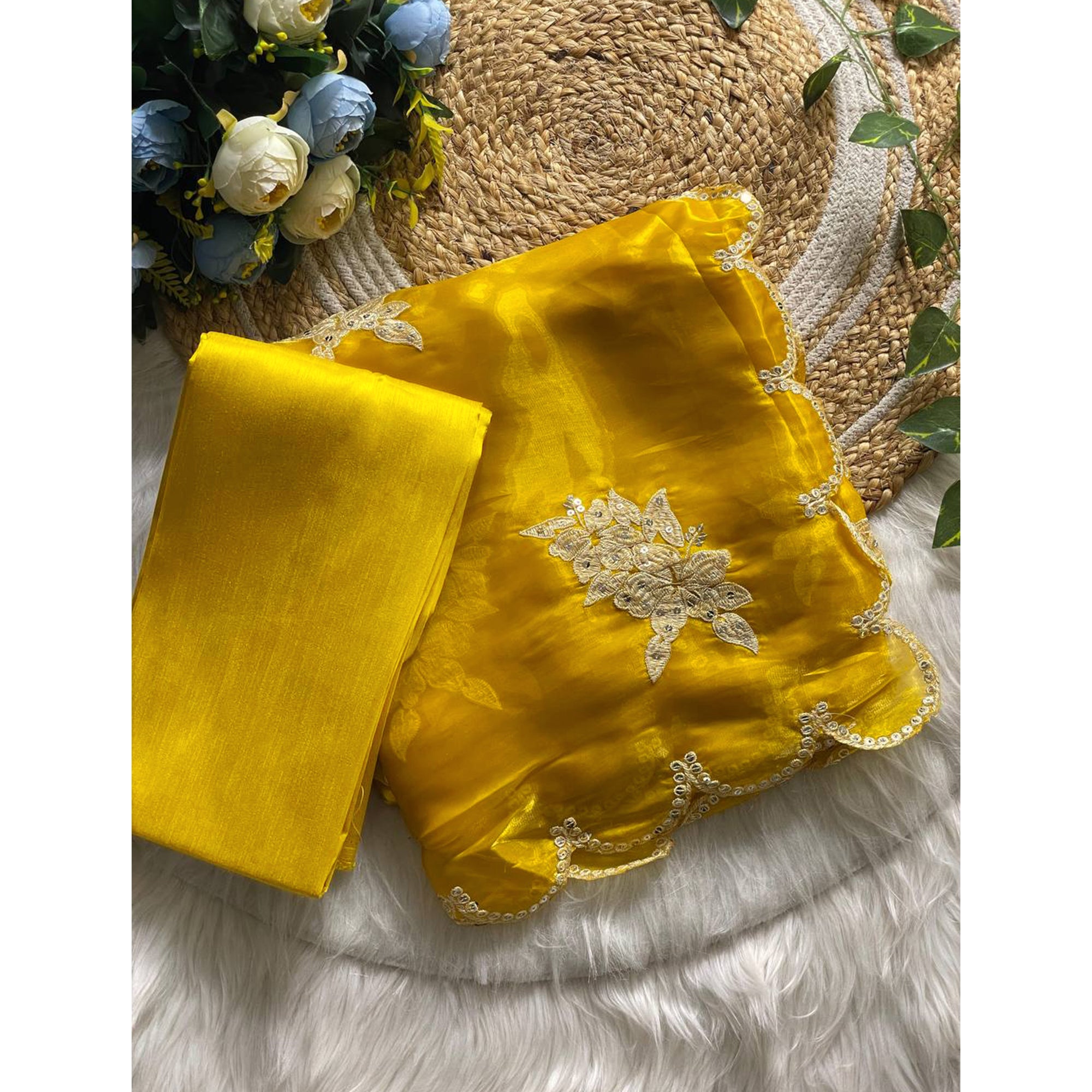 Captivating Yellow Floral Thread Embroidered Jimmy Choo Satin Saree With Gleaming Sequins Work