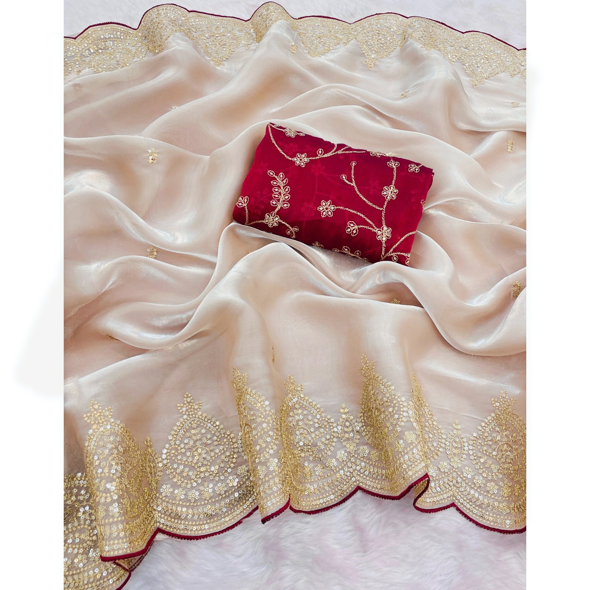 Stylish Chikoo Jimmy Choo Satin Silk Saree Beautified with Floral Zari Embroidery & Sequins Work