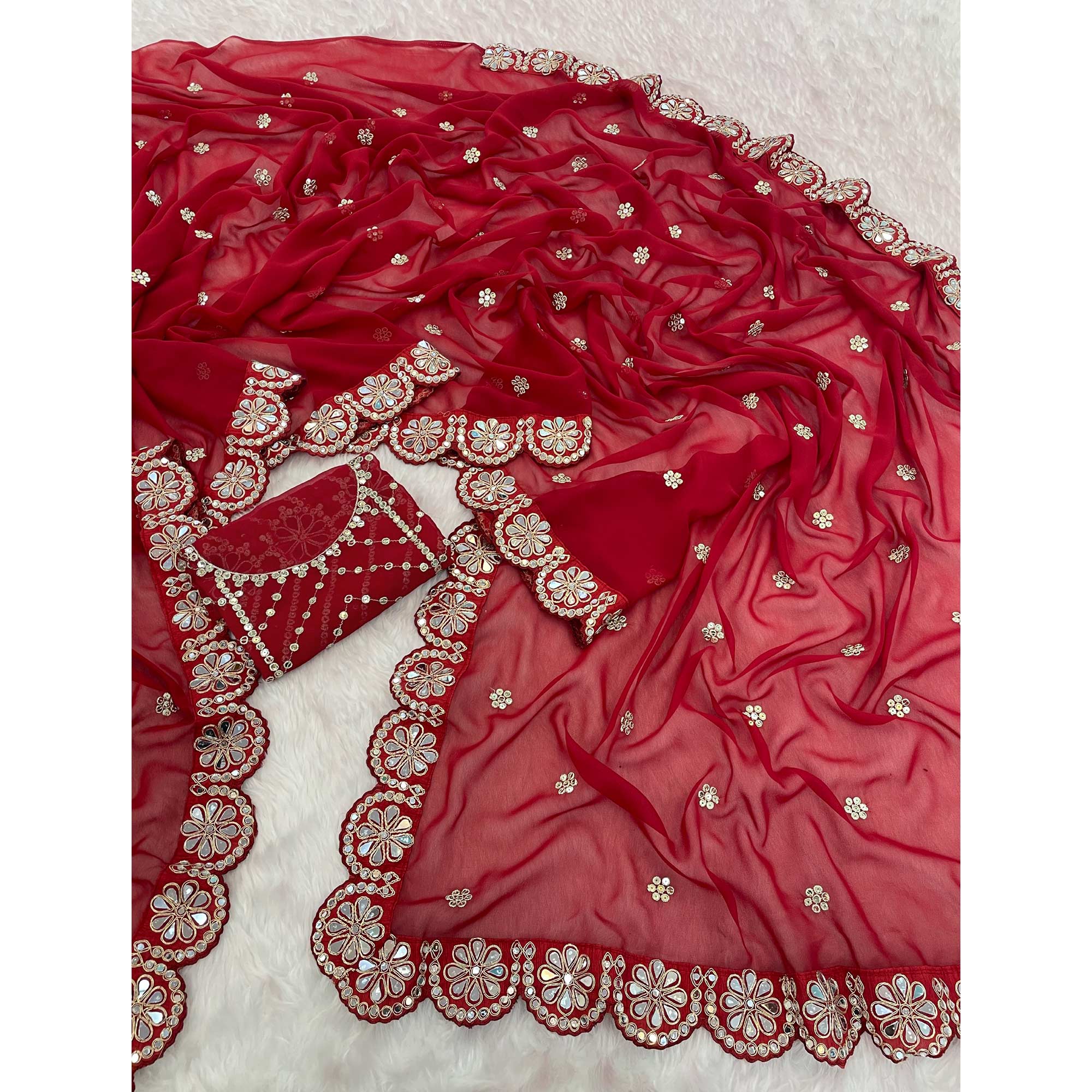 Red Sequins Embellished Georgette Saree with Glamorous Party-Wear Finish