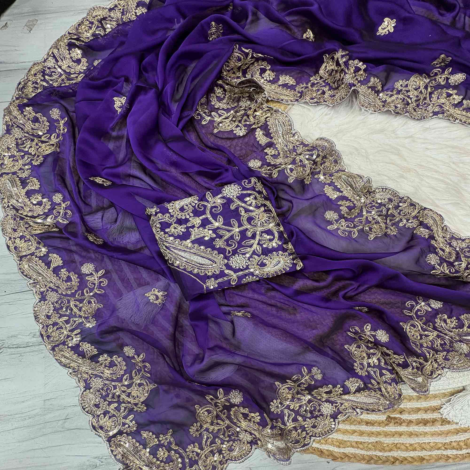 Violet Silk-Blend Saree Featuring Delicate Embroidery and Shimmering Sequins Work
