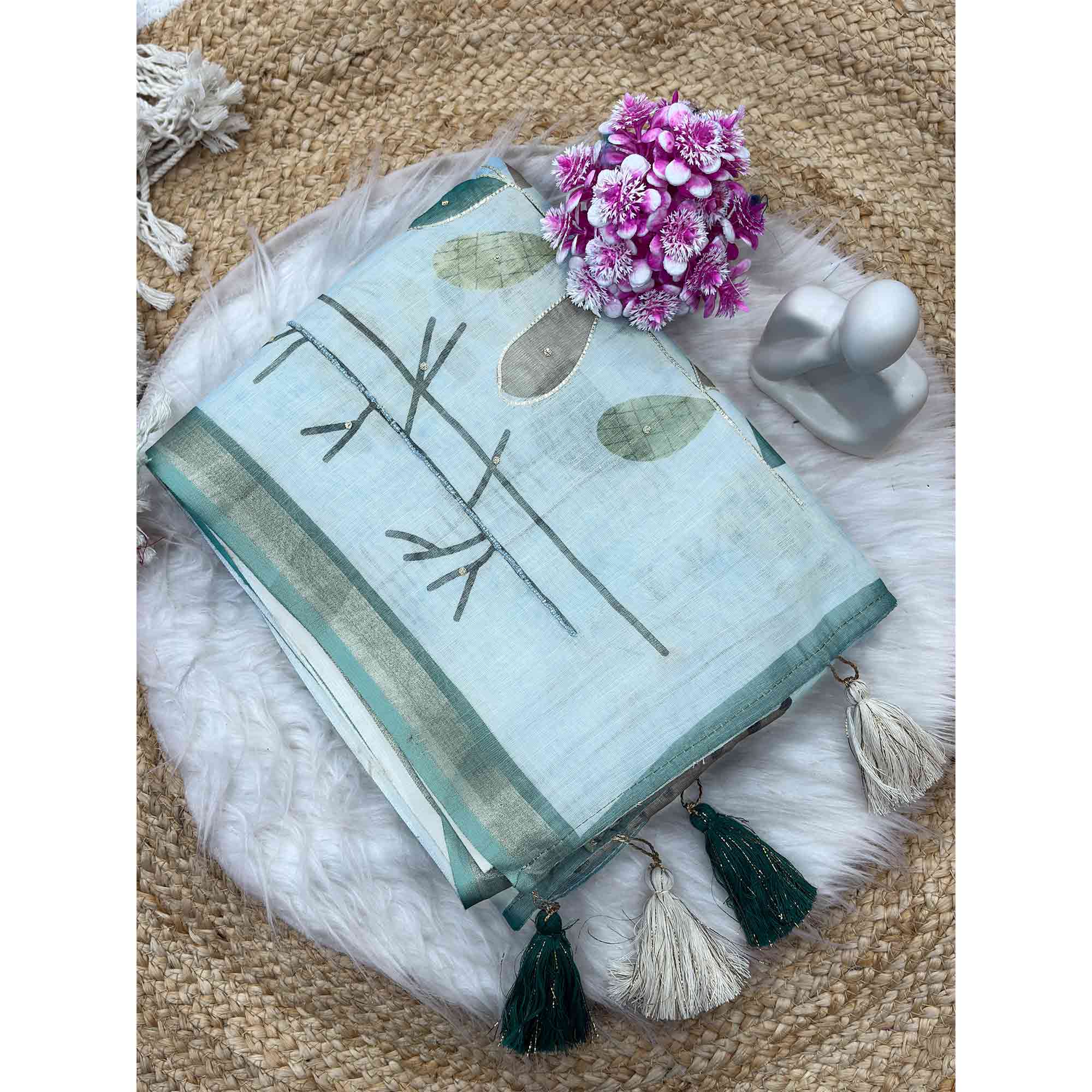 Sky Blue Pure Soft Linen Saree with Elegant Prints and Delicate Stone Work Embellishment