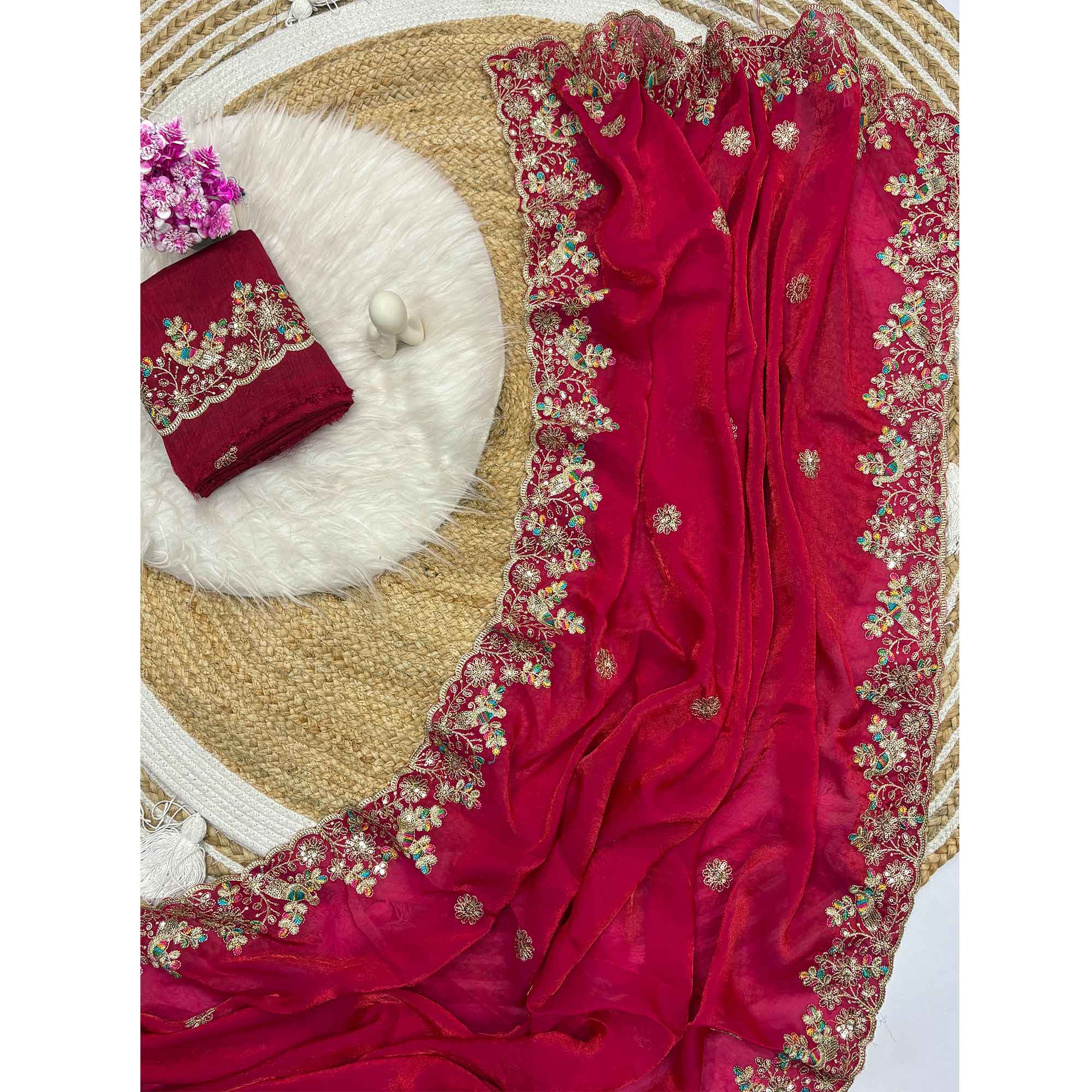 Pink Organza Satin Silk Saree Beautifully Detailed with Elegant Floral Embroidery