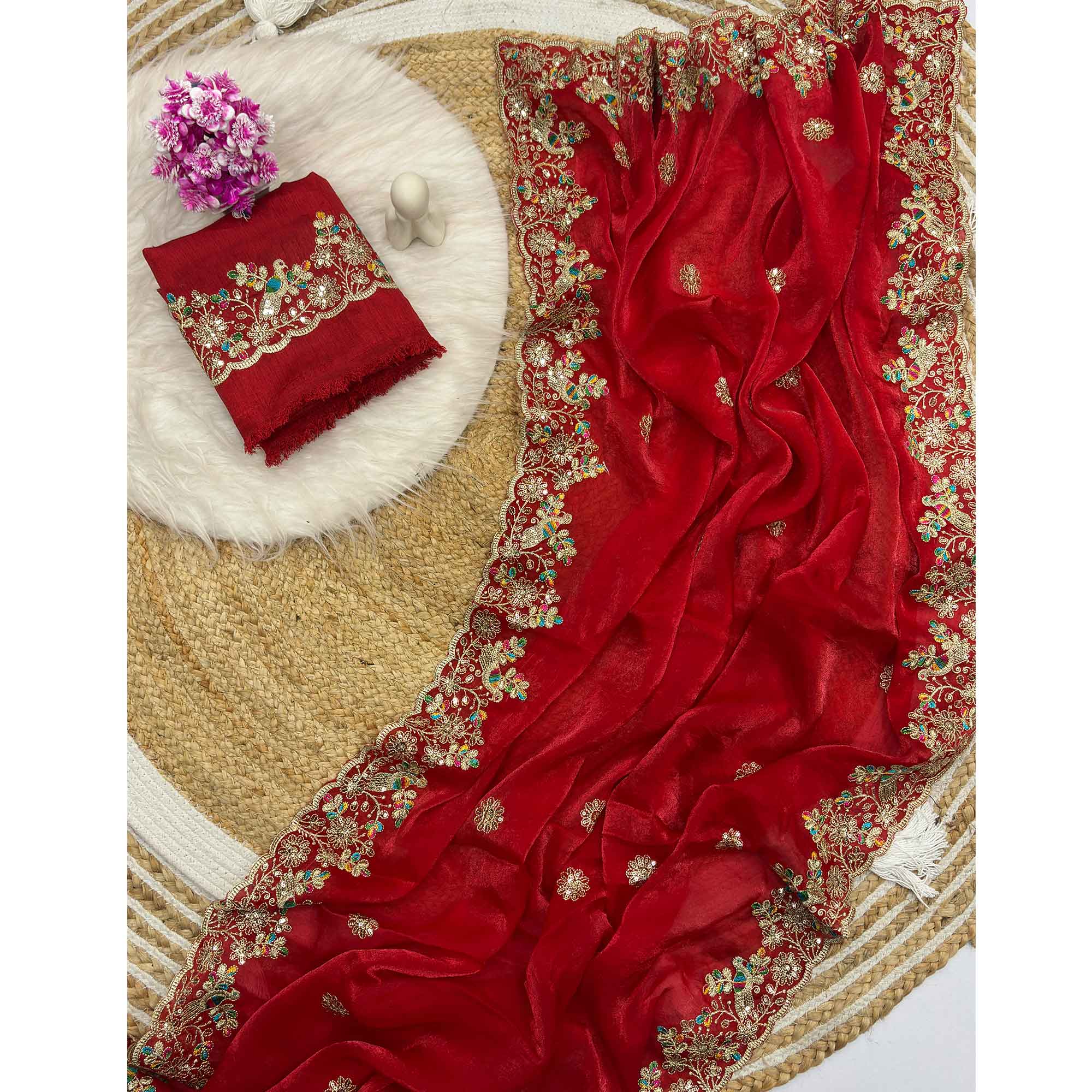Red Organza Satin Silk Saree Beautifully Detailed with Elegant Floral Embroidery
