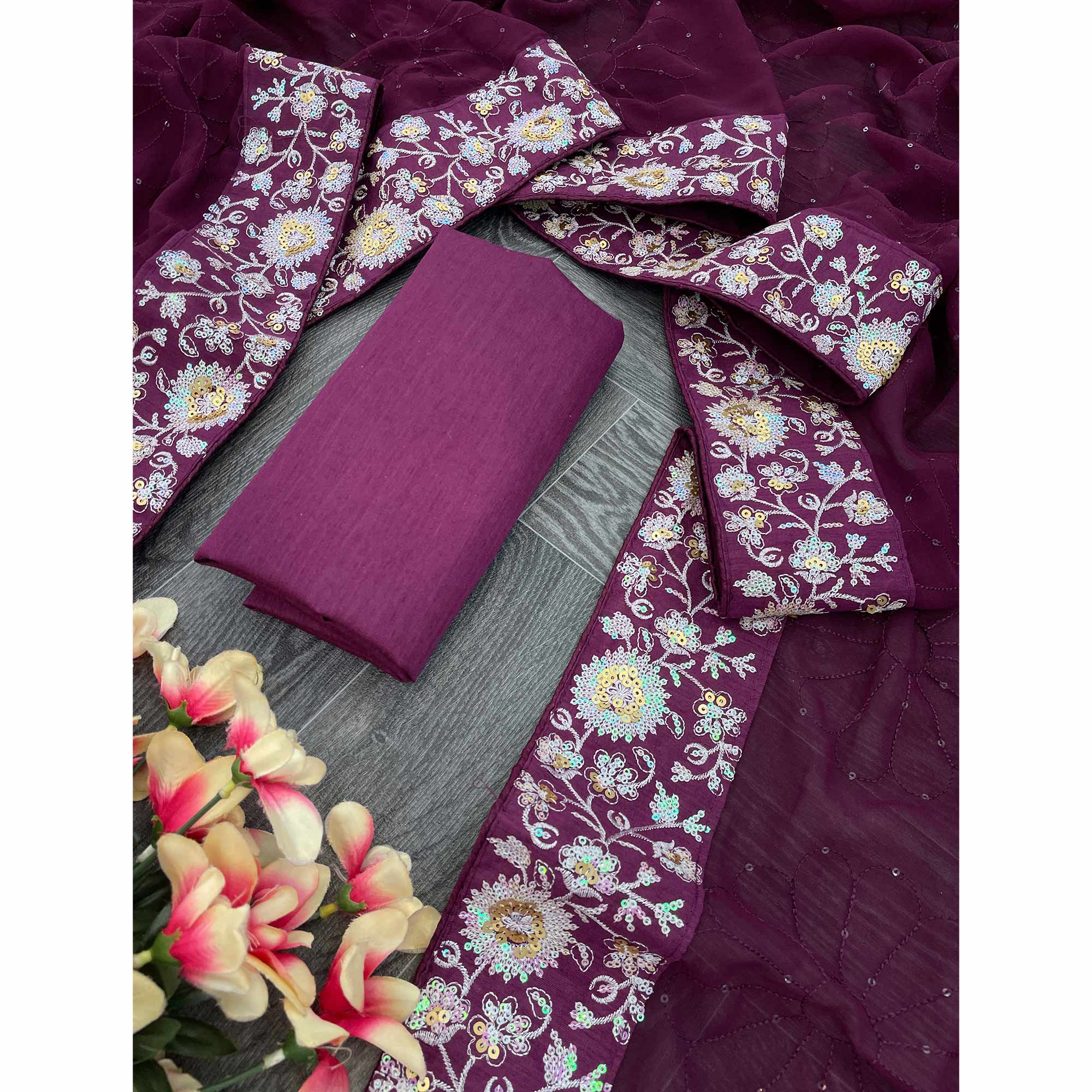Wine Designer Saree In Georgette With Delicate Floral Sequins Embroidery Work