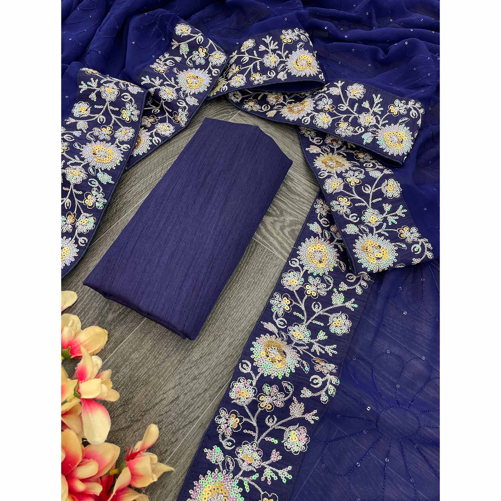 Royal Blue Designer Saree In Georgette With Delicate Floral Sequins Embroidery Work