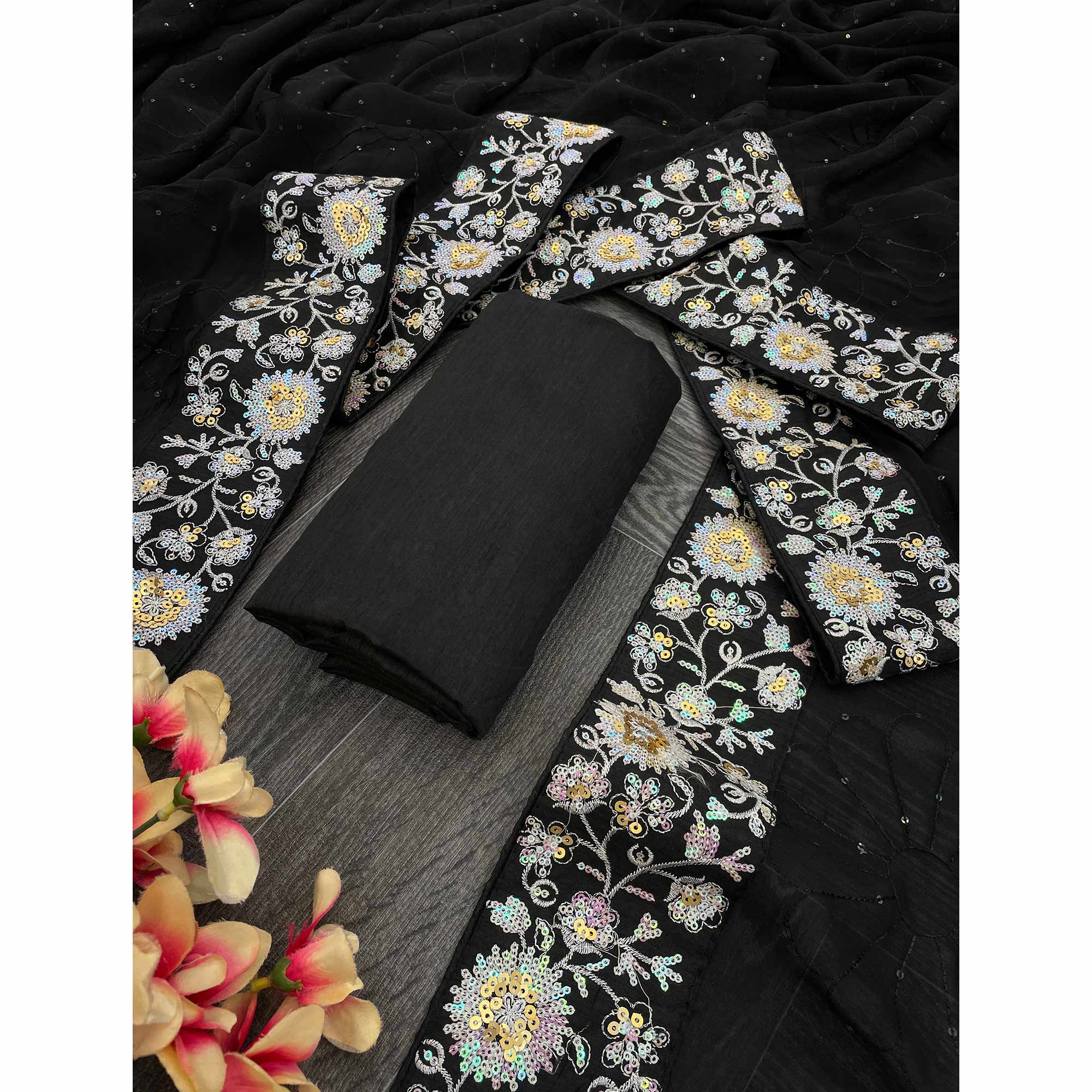 Black Designer Saree In Georgette With Delicate Floral Sequins Embroidery Work