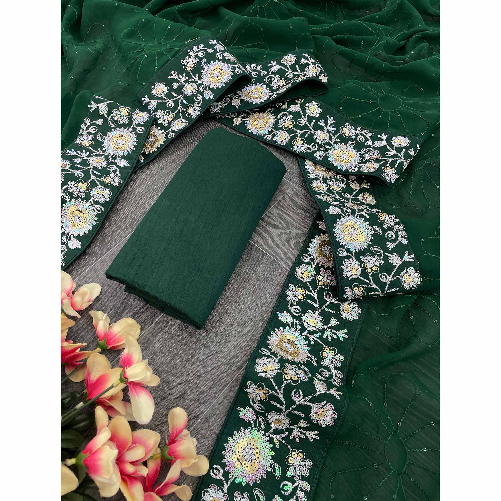 Green Designer Saree In Georgette With Delicate Floral Sequins Embroidery Work