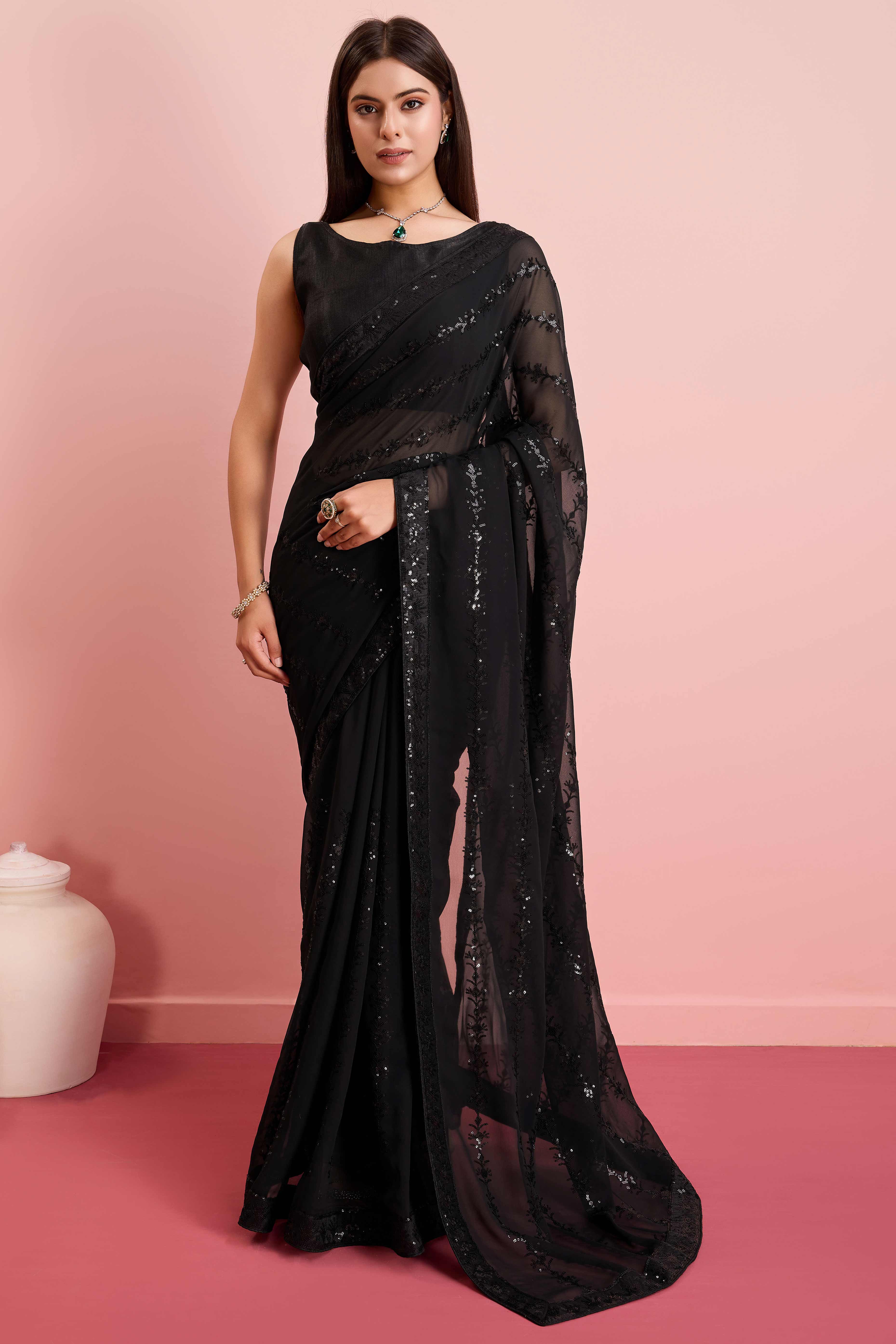 Black Floral Sequins Embroidered Georgette Saree