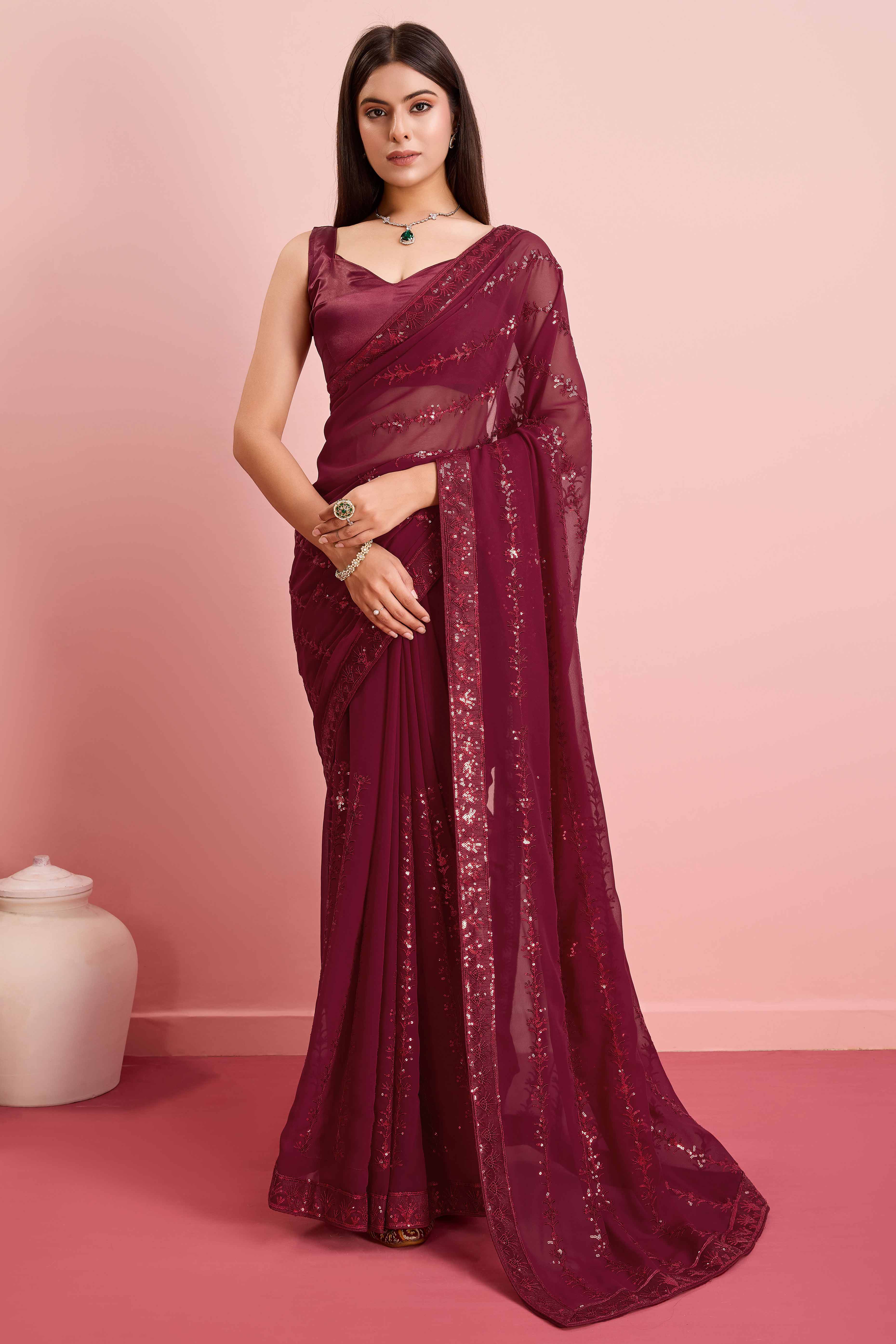 Maroon Floral Sequins Embroidered Georgette Saree