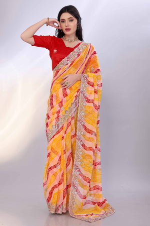 Yellow Georgette Saree Showcasing Bandhani Print & Delicate Floral Sequins Embroidery