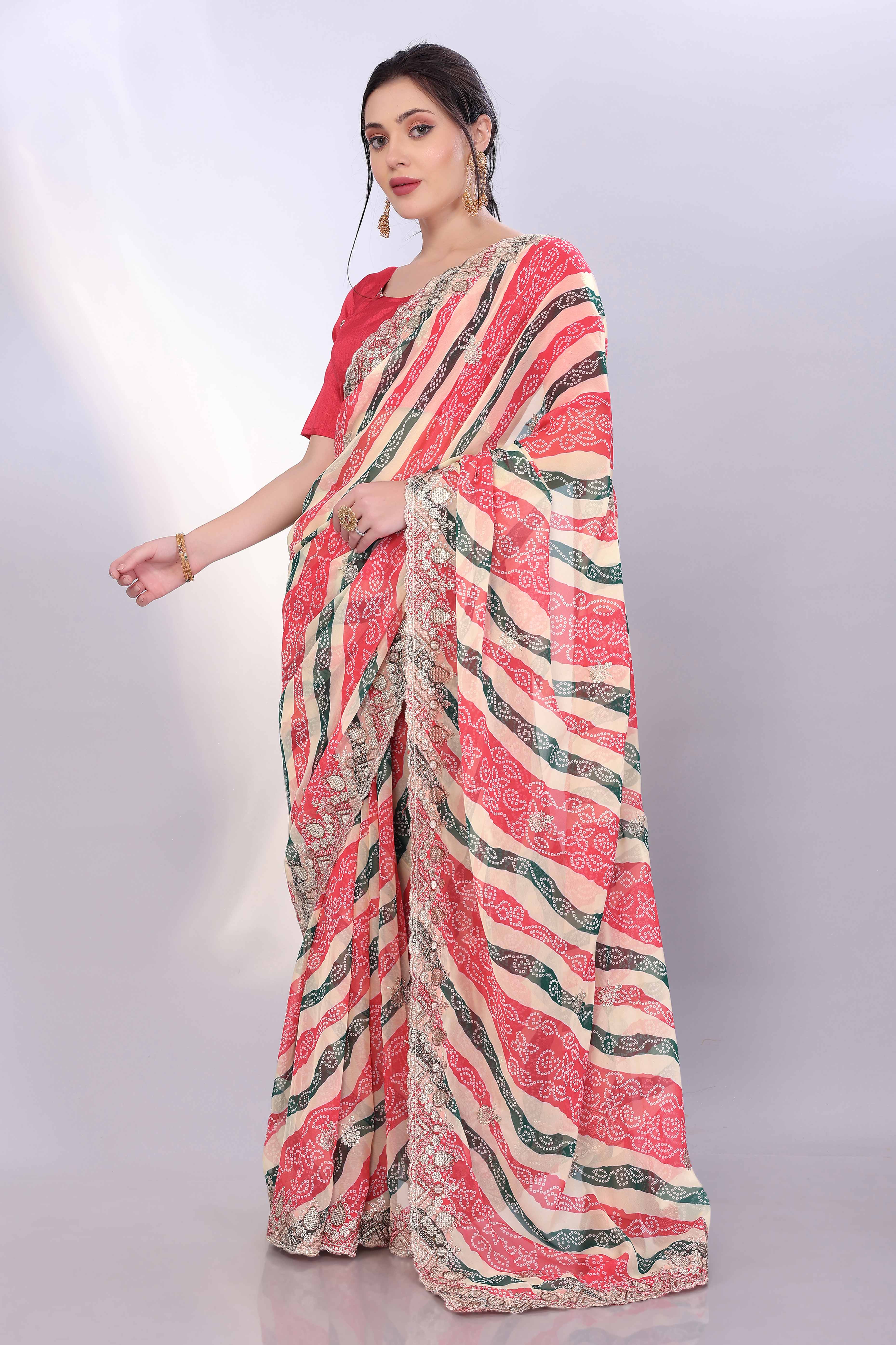 9Multicolor Georgette Saree Showcasing Bandhani Print & Delicate Floral Sequins Embroidery