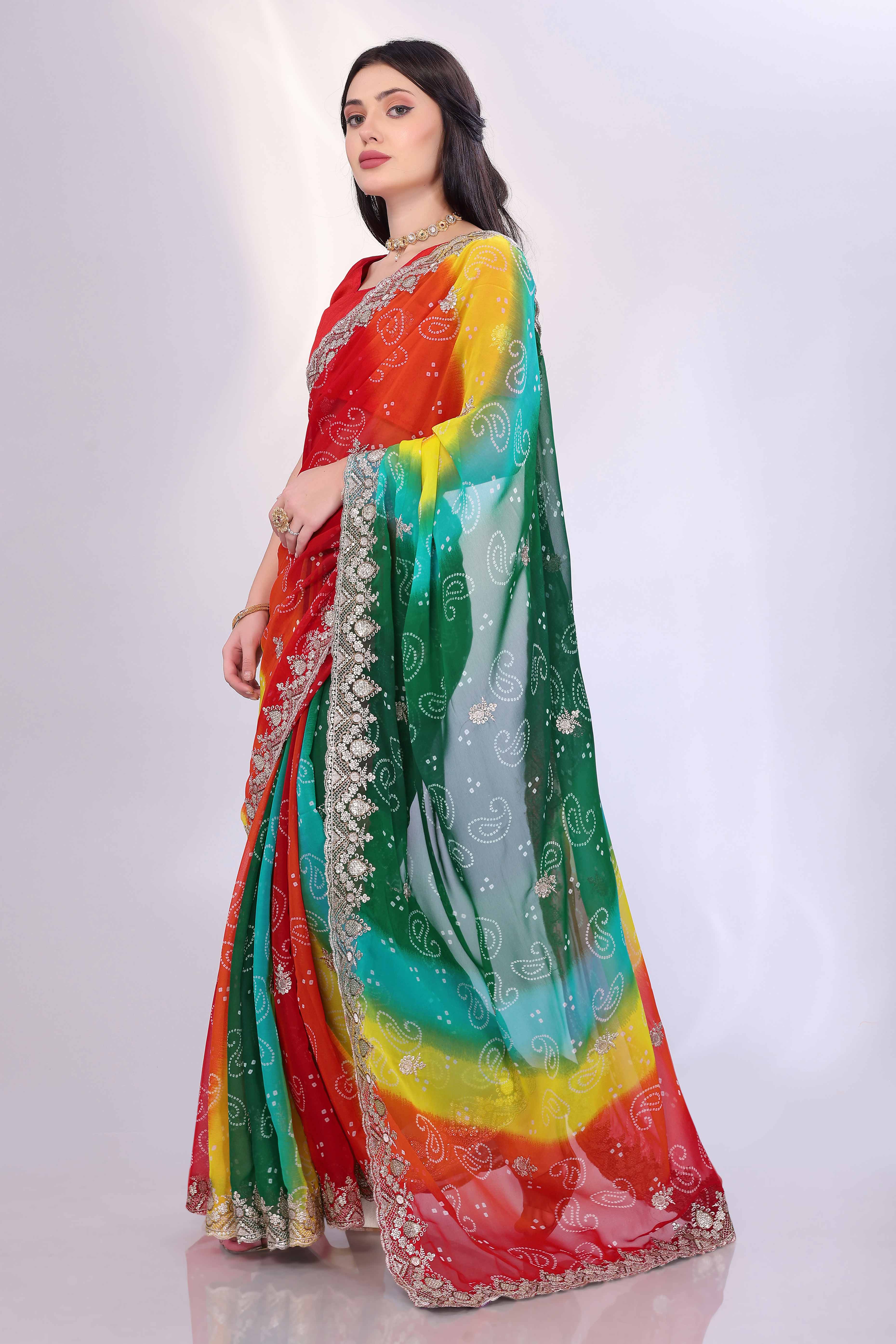 Multicolor Georgette Saree Showcasing Bandhani Print & Delicate Floral Sequins Embroidery