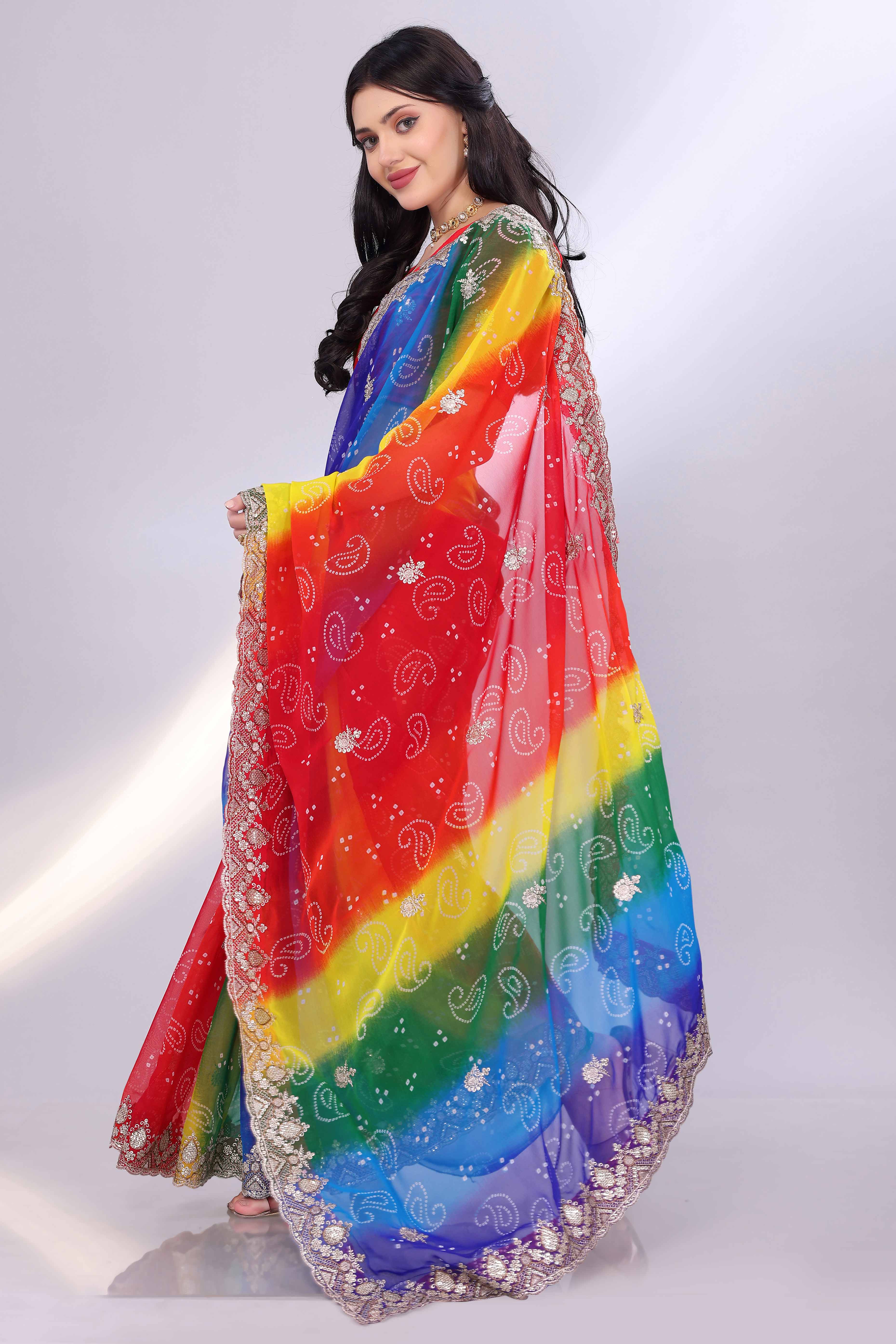 Multicolor Georgette Saree Showcasing Bandhani Print & Delicate Floral Sequins Embroidery