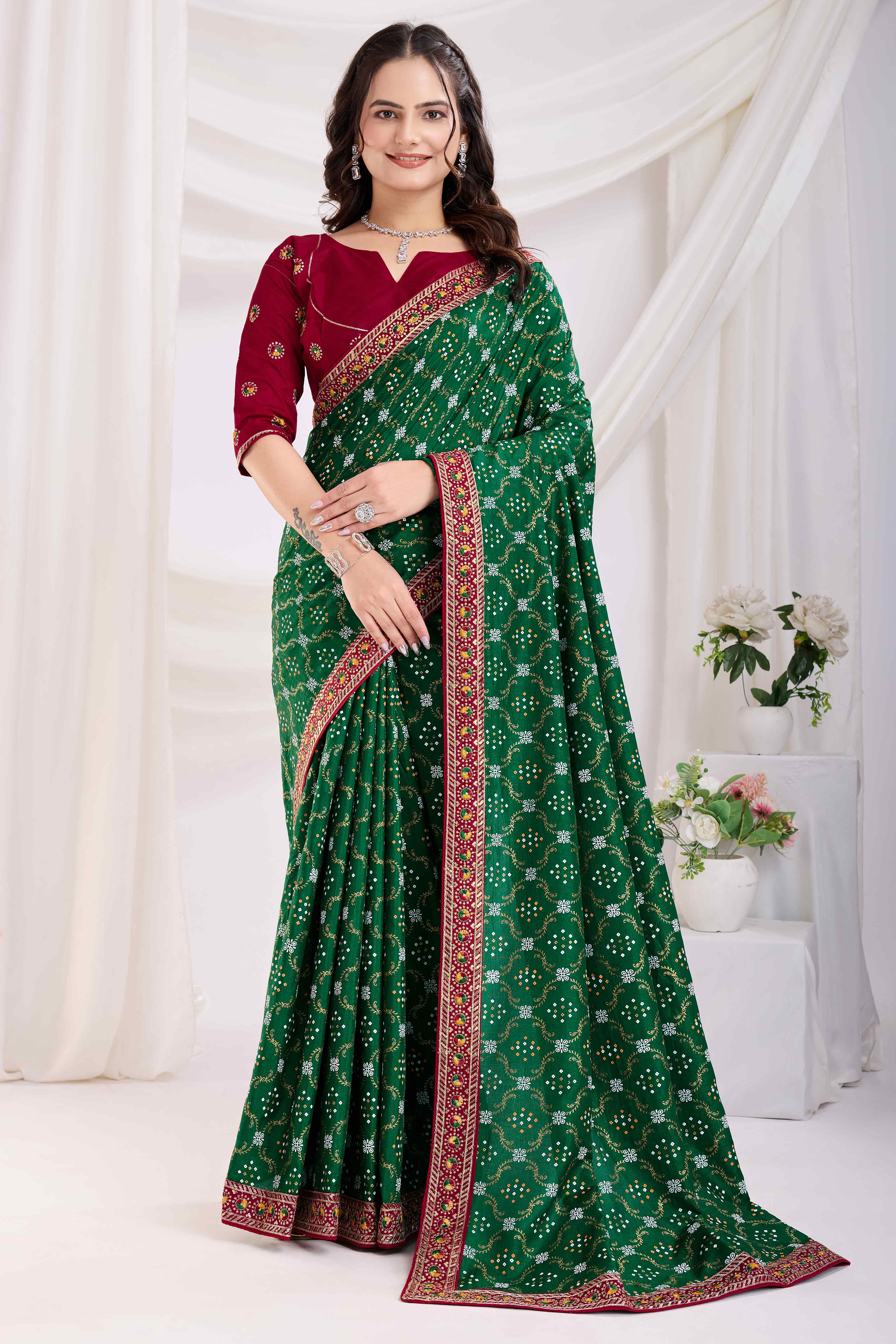 Bottle Green Bandhani Printed Vichitra Silk Saree With Embroidery Border