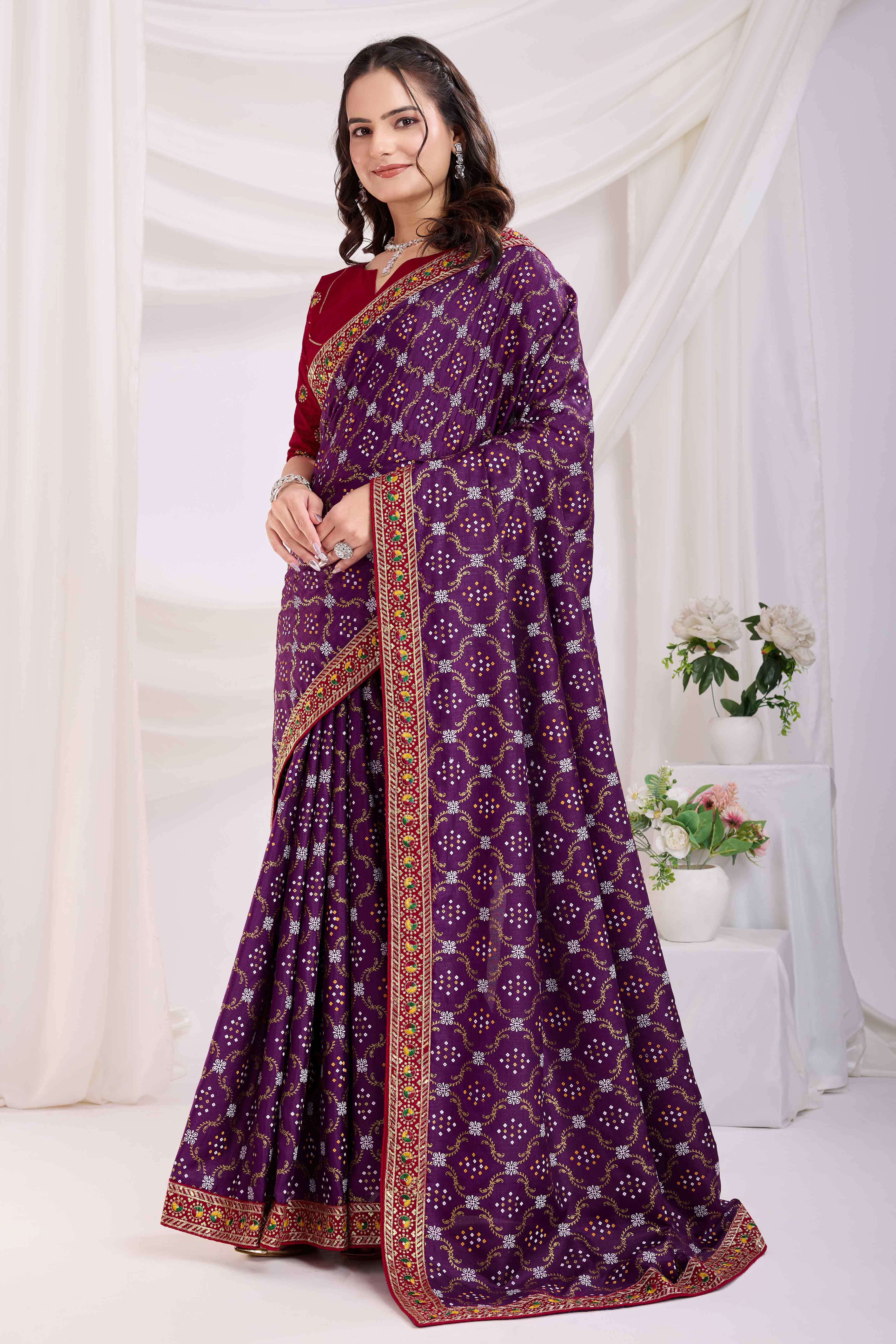 Wine Bandhani Printed Vichitra Silk Saree With Embroidery Border