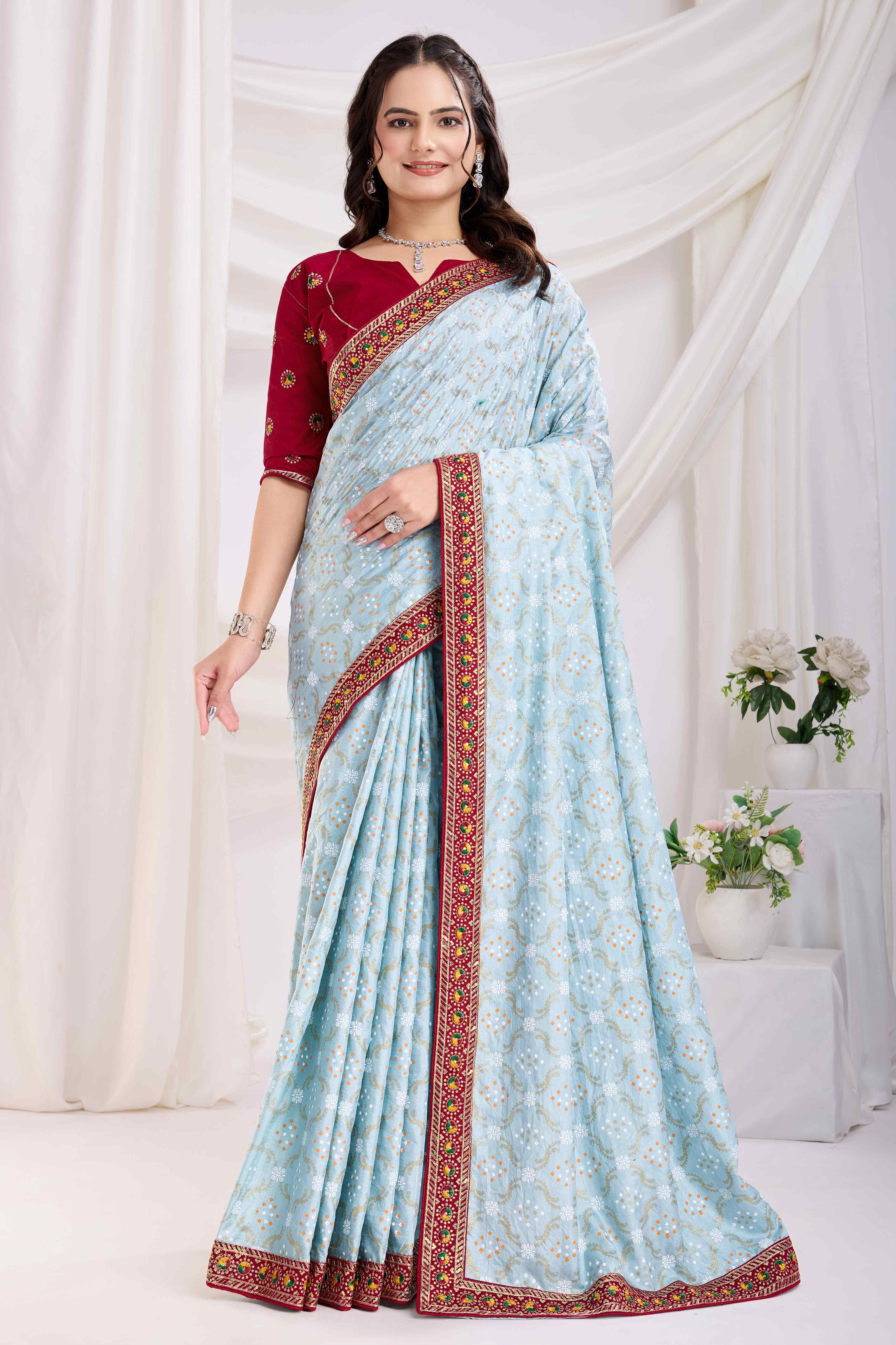 Light Blue Bandhani Printed Vichitra Silk Saree With Embroidery Border