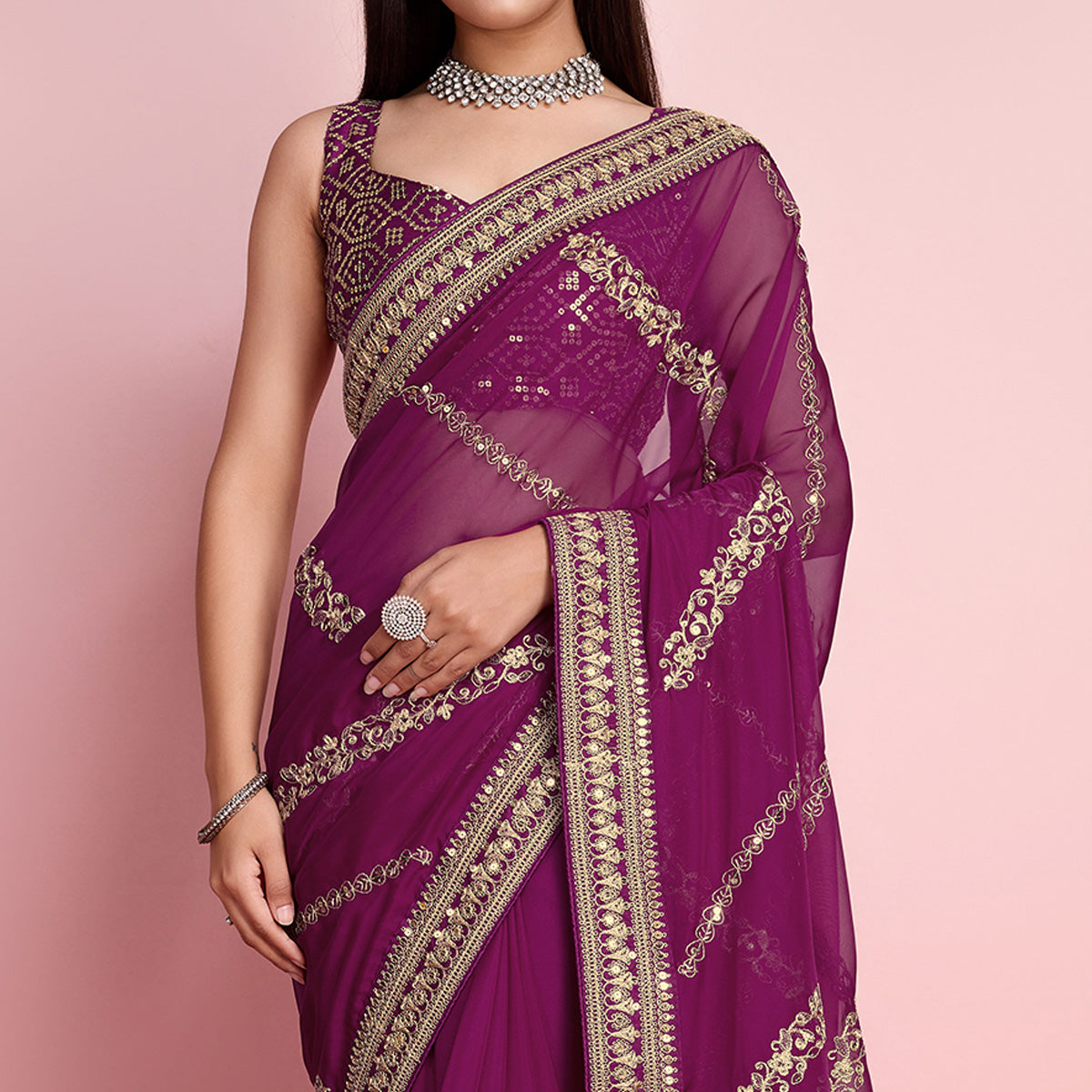 Purple Floral Sequins Embroidered Organza Saree