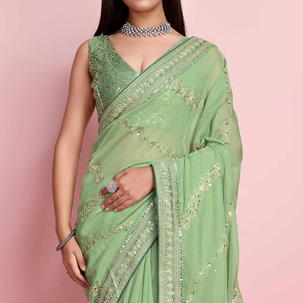 Green Floral Sequins Embroidered Organza Saree