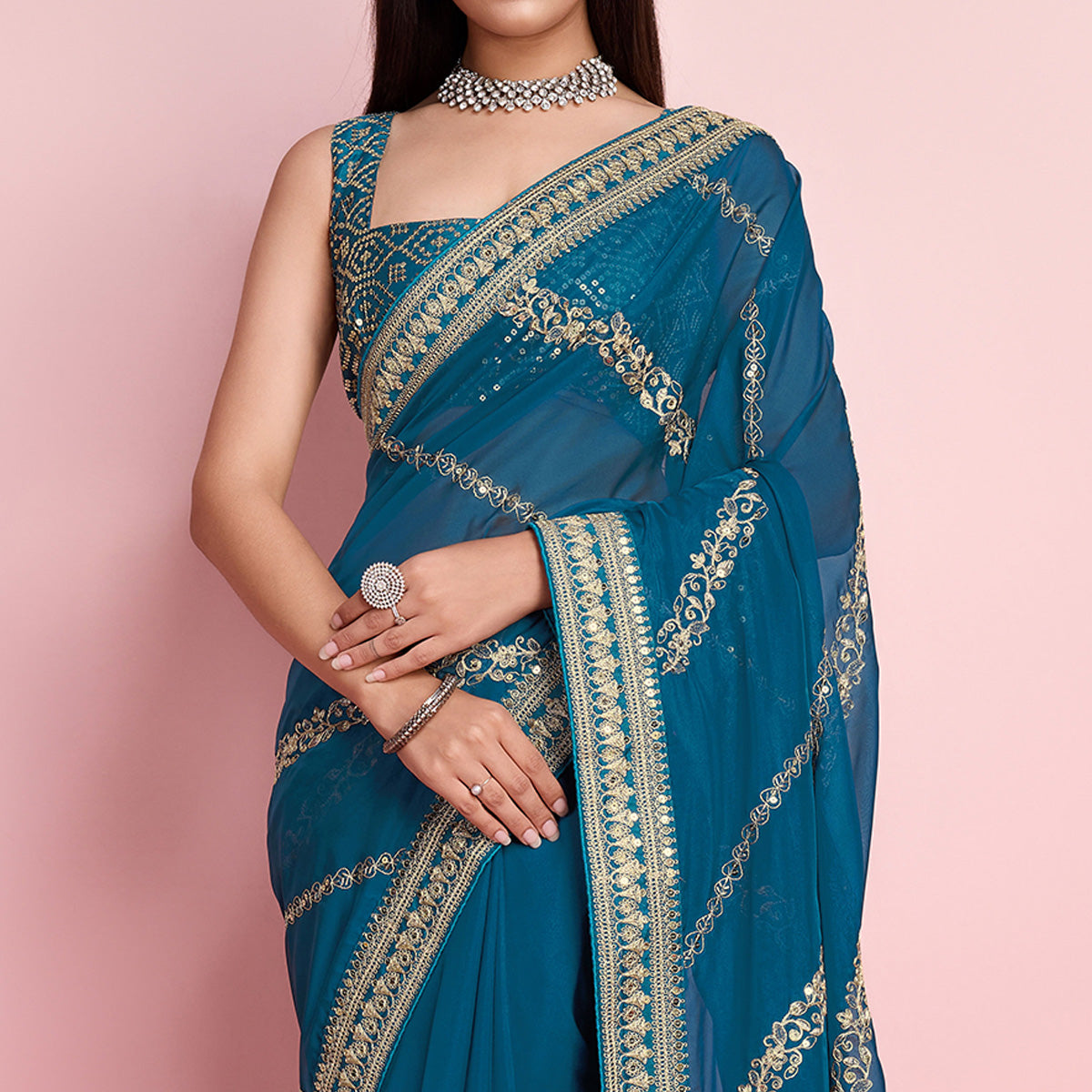 Blue Floral Sequins Embroidered Organza Saree