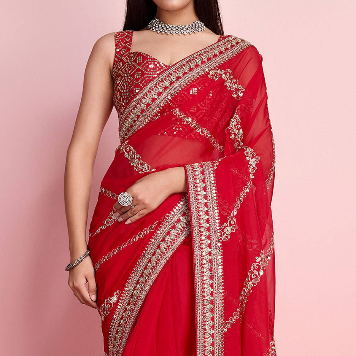 Red Floral Sequins Embroidered Organza Saree