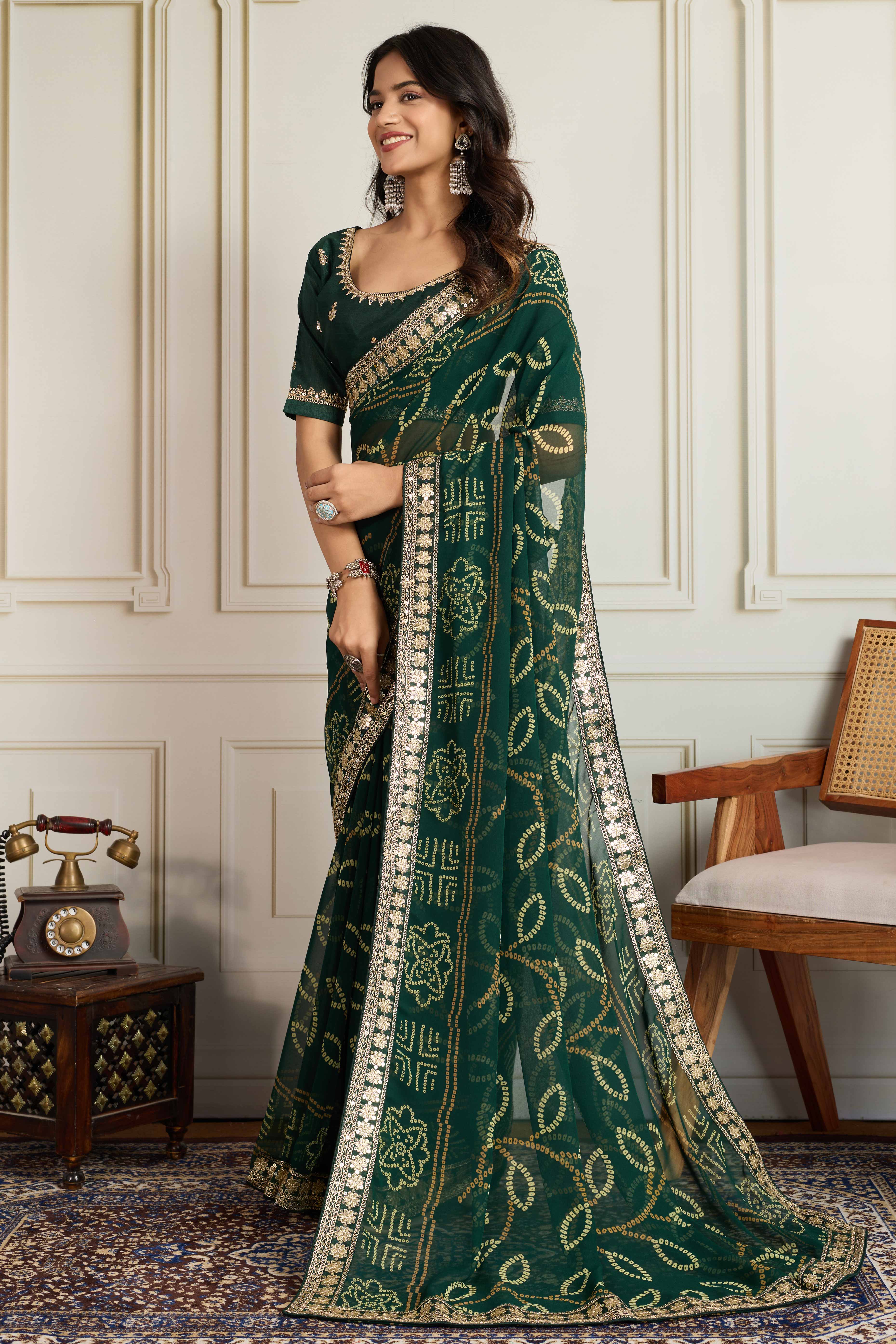 Dark Green Bandhani Digital Printed Georgette Saree Enhanced With Cording Embroidered Border