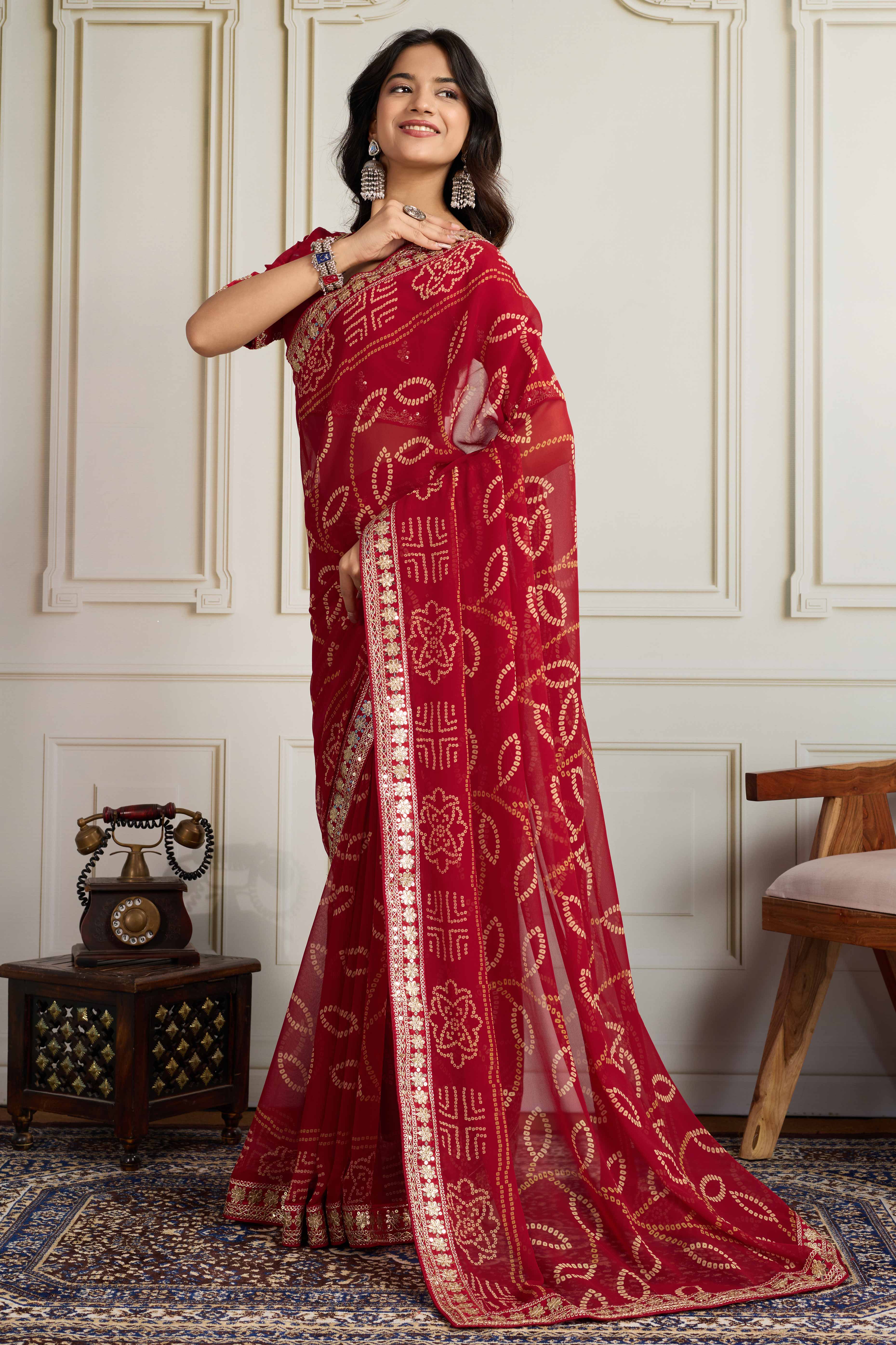 Red Bandhani Digital Printed Georgette Saree Enhanced With Cording Embroidered Border