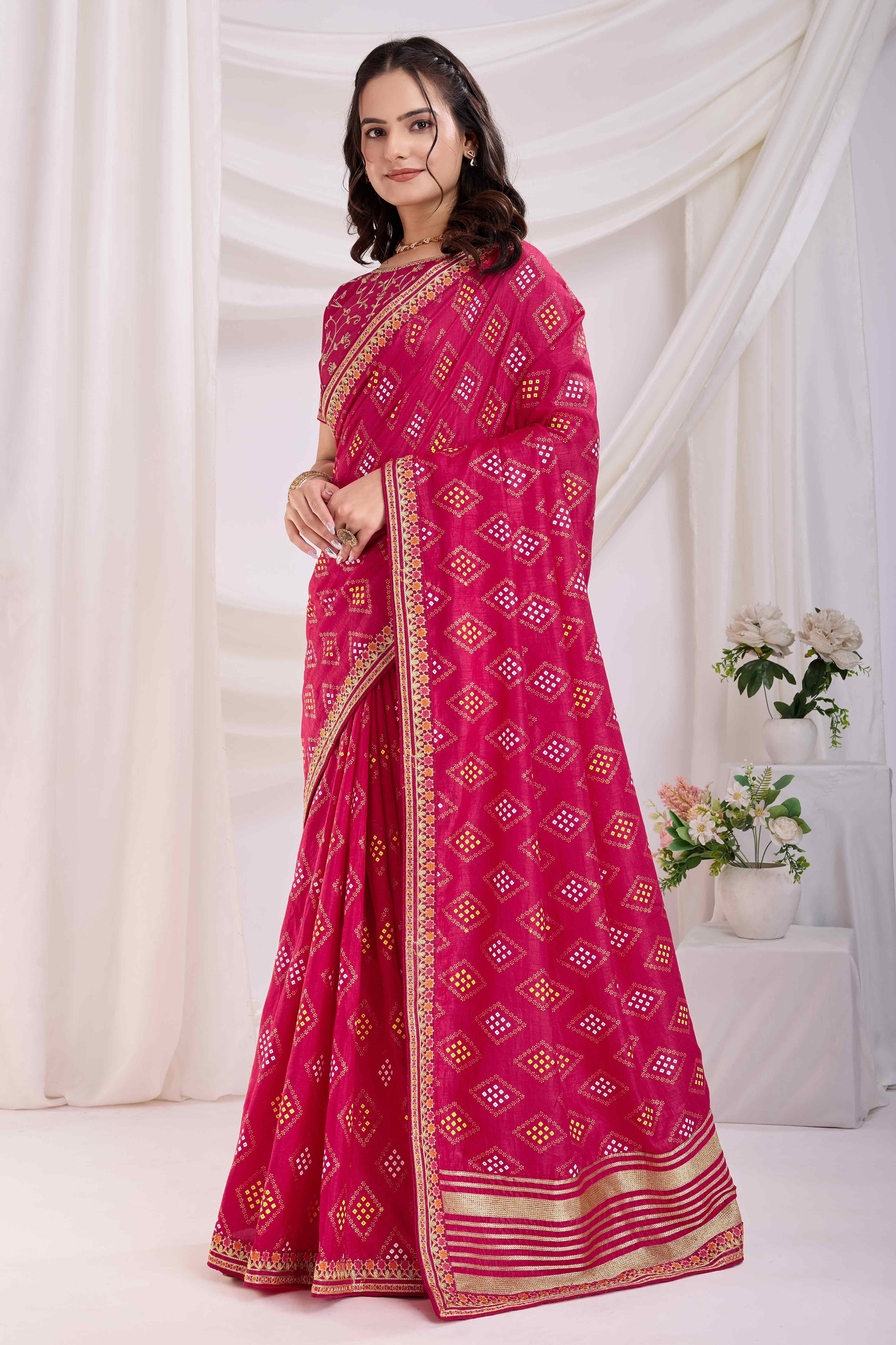 22Pink Bandhani Printed Vichitra Silk Saree With Embroidery Border