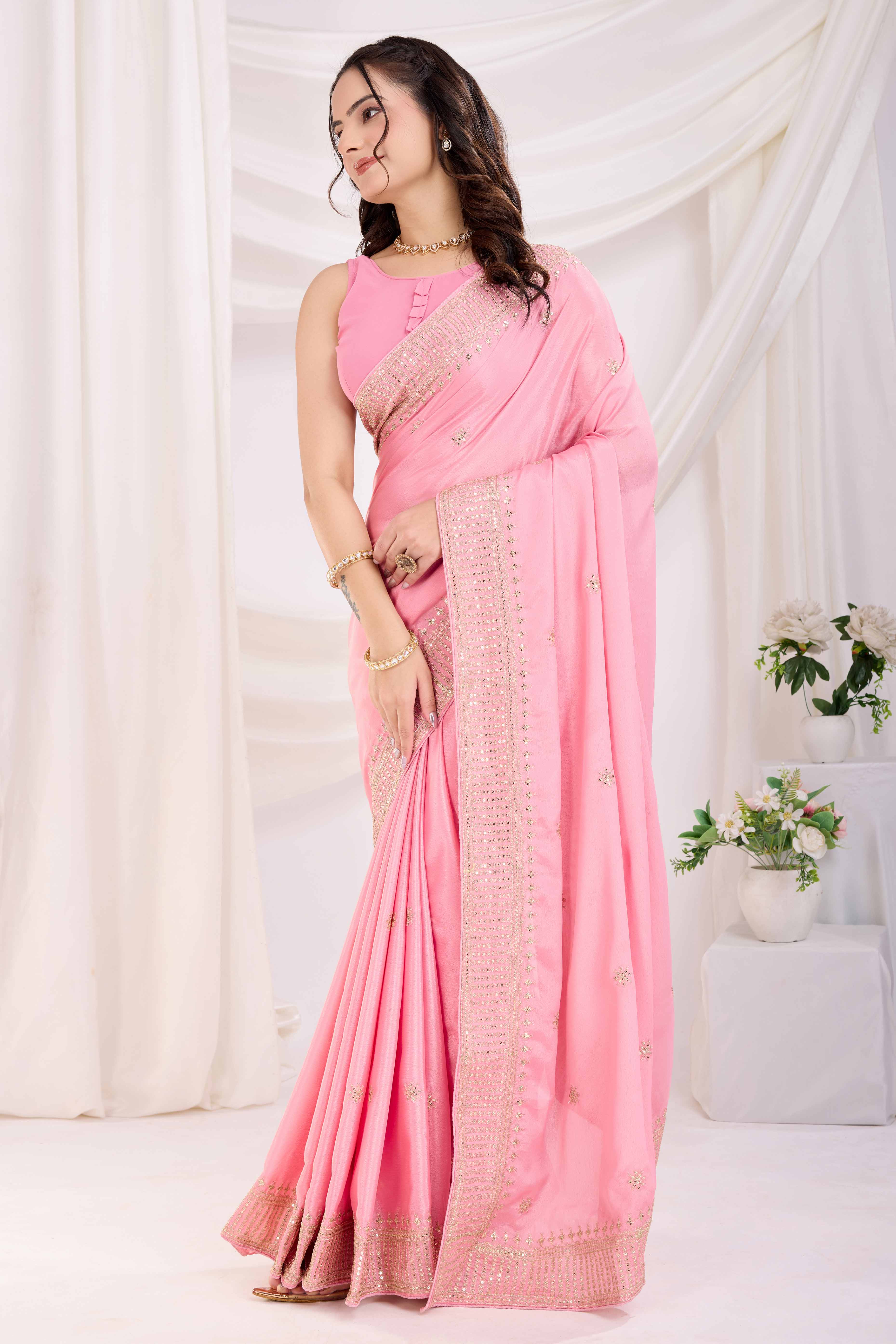 Pink Saree In Chinon Silk Featuring Delicate Floral Embroidery & Sparkling Sequins