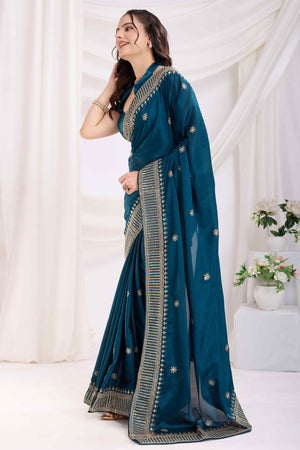 Teal Saree In Chinon Silk Featuring Delicate Floral Embroidery & Sparkling Sequins