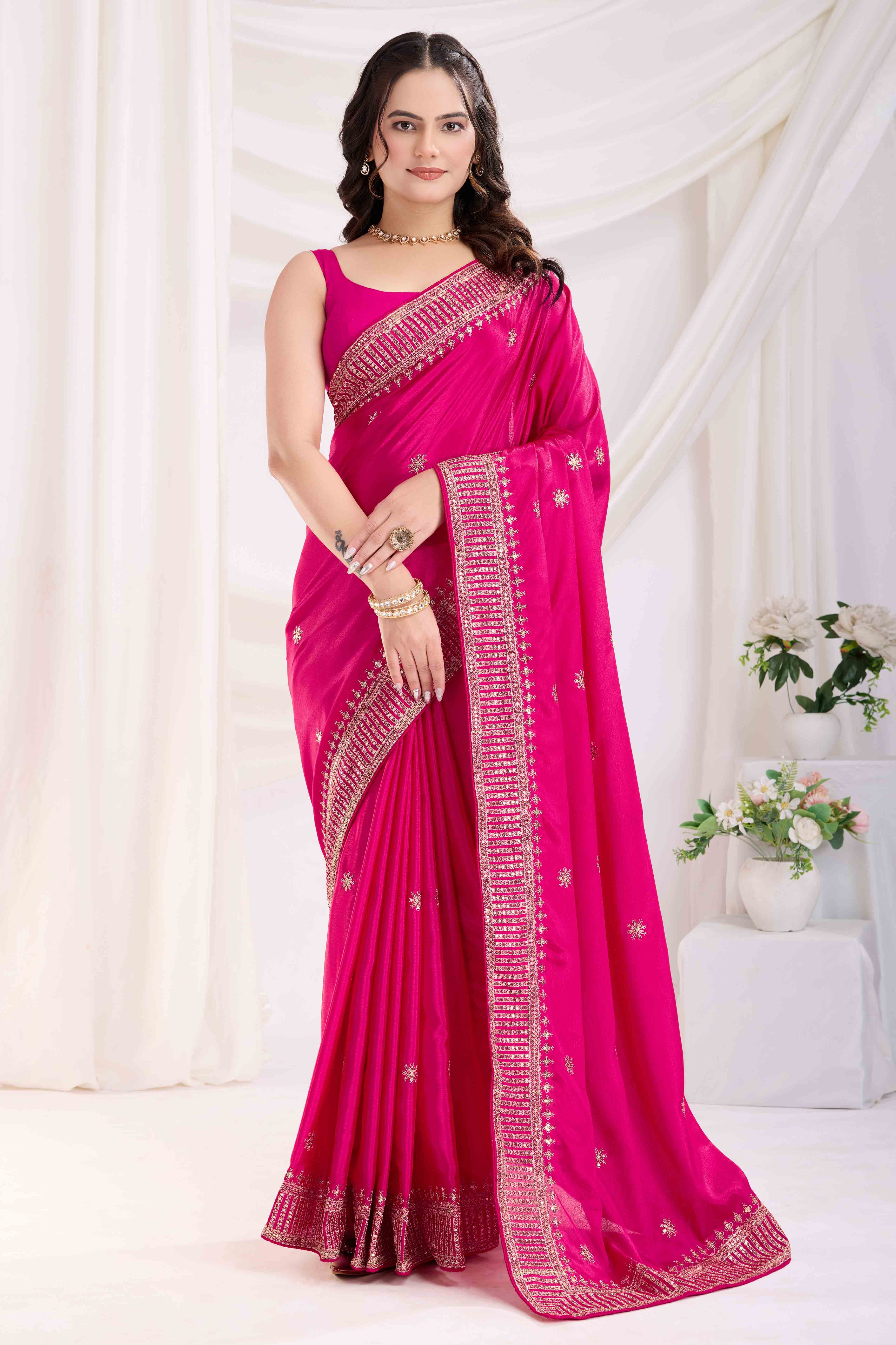 Rani Pink Saree In Chinon Silk Featuring Delicate Floral Embroidery & Sparkling Sequins