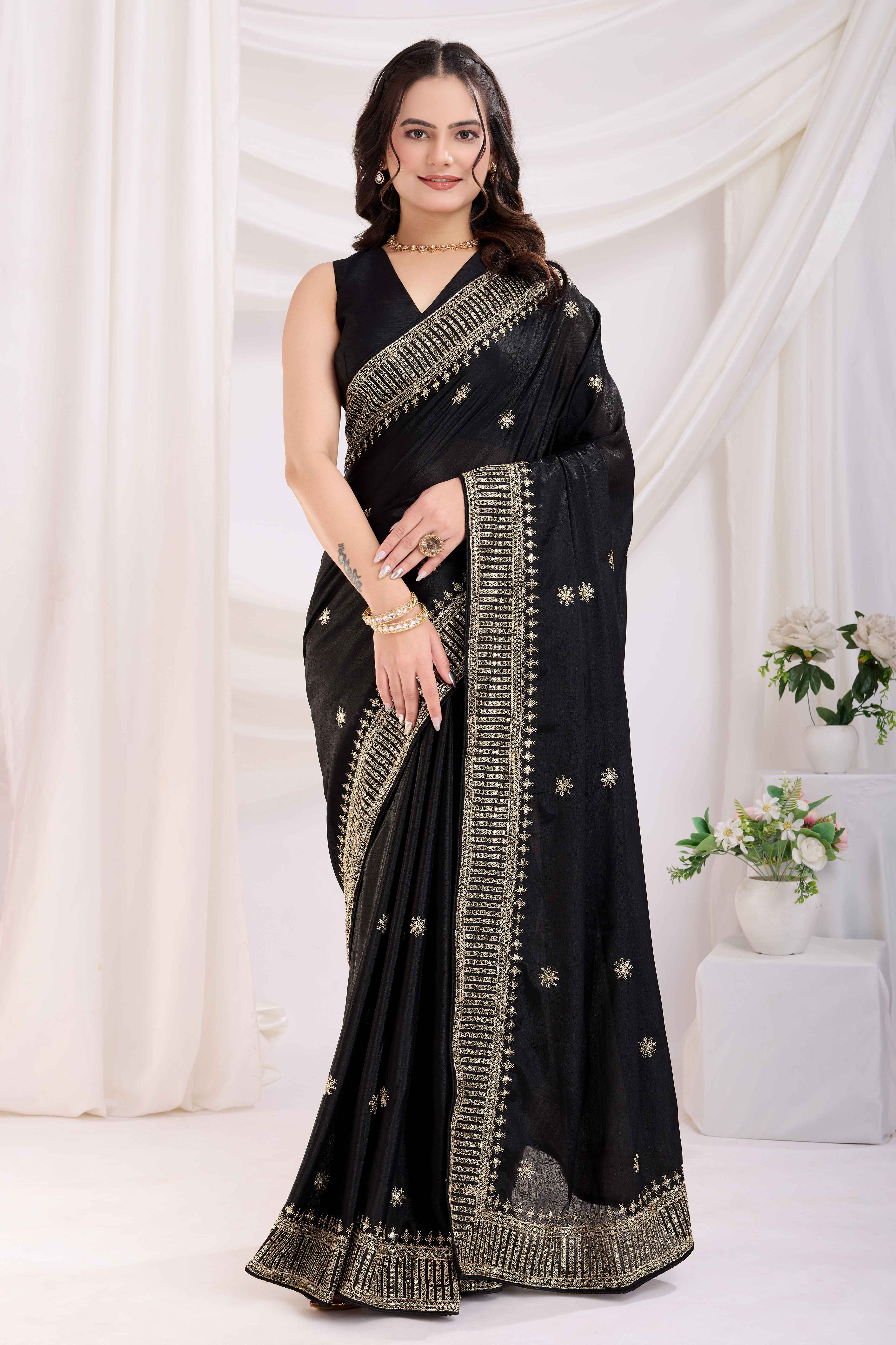 Black Saree In Chinon Silk Featuring Delicate Floral Embroidery & Sparkling Sequins