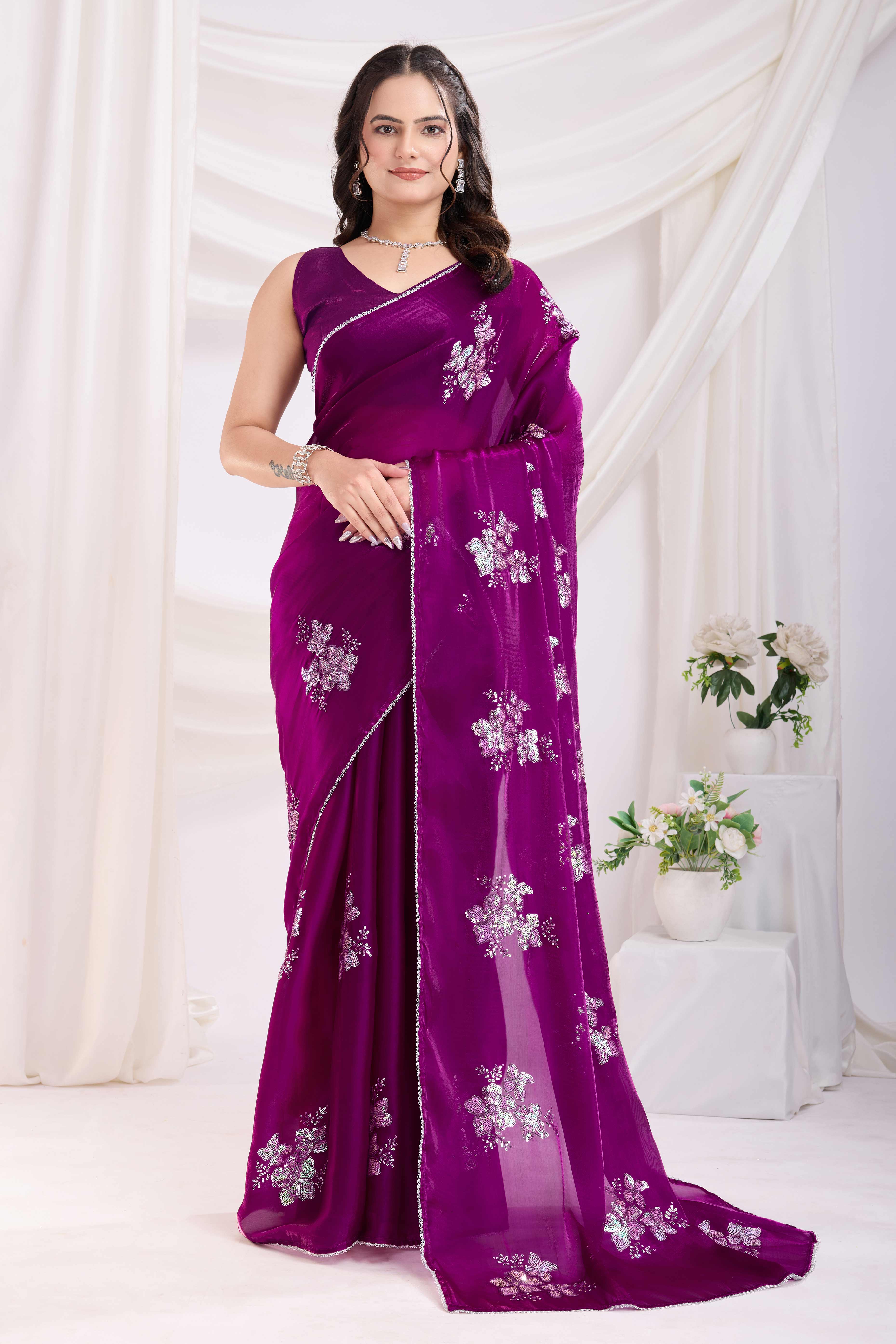Purple Saree With Exquisite Floral Sequins Embroidery On Luxe Jimmy Choo Silk Blend