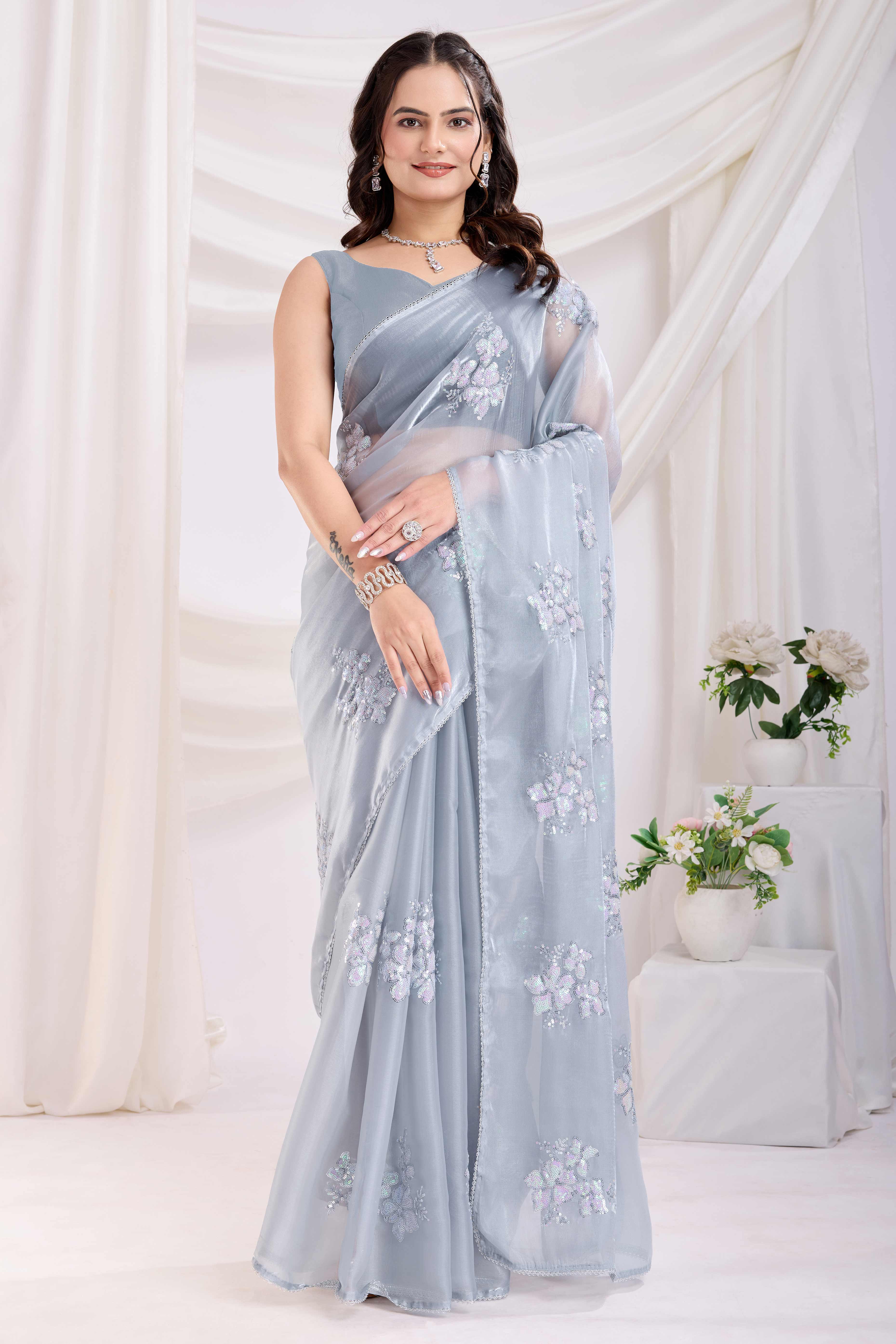 Grey Saree With Exquisite Floral Sequins Embroidery On Luxe Jimmy Choo Silk Blend
