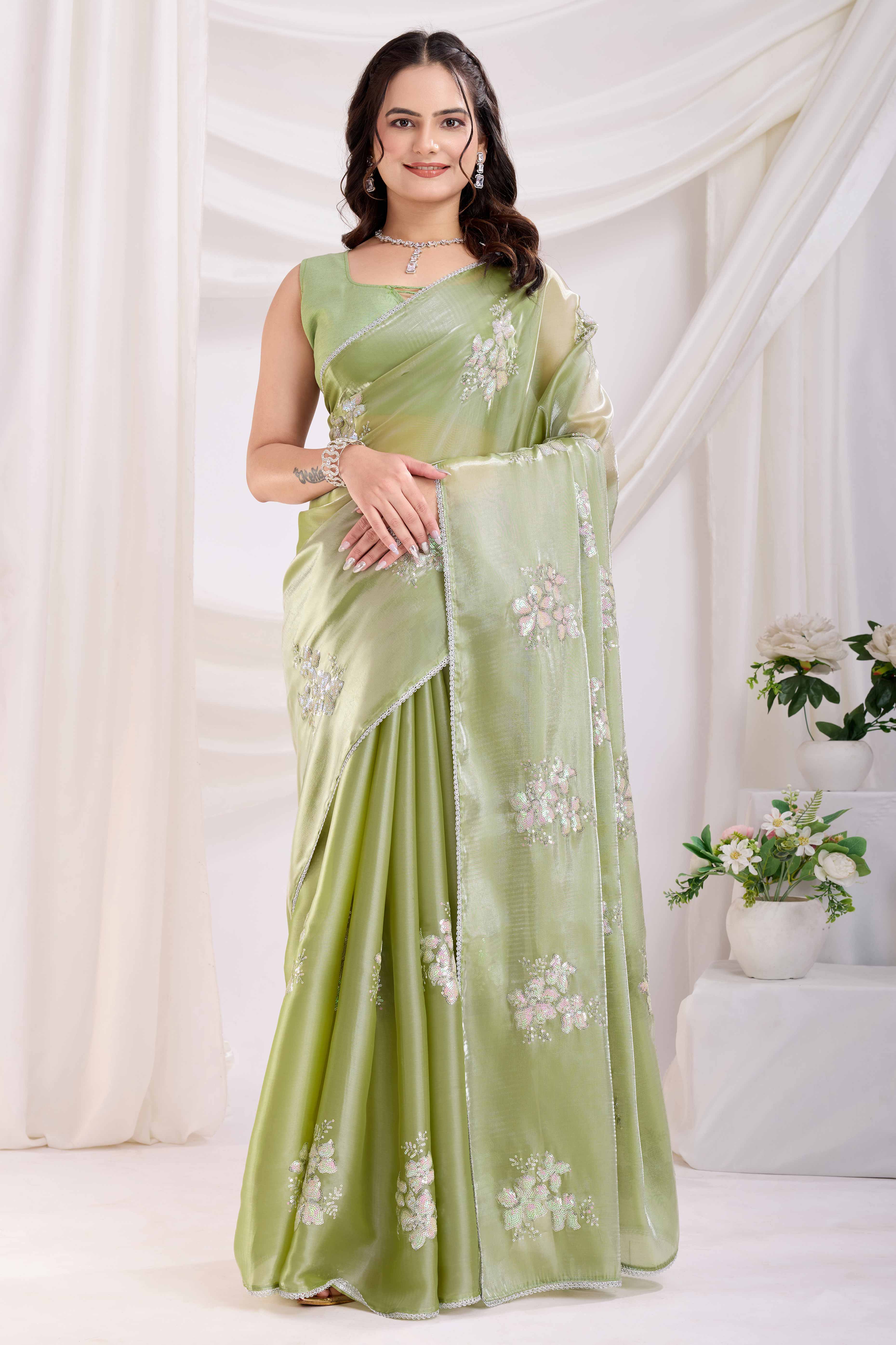 Green Saree With Exquisite Floral Sequins Embroidery On Luxe Jimmy Choo Silk Blend