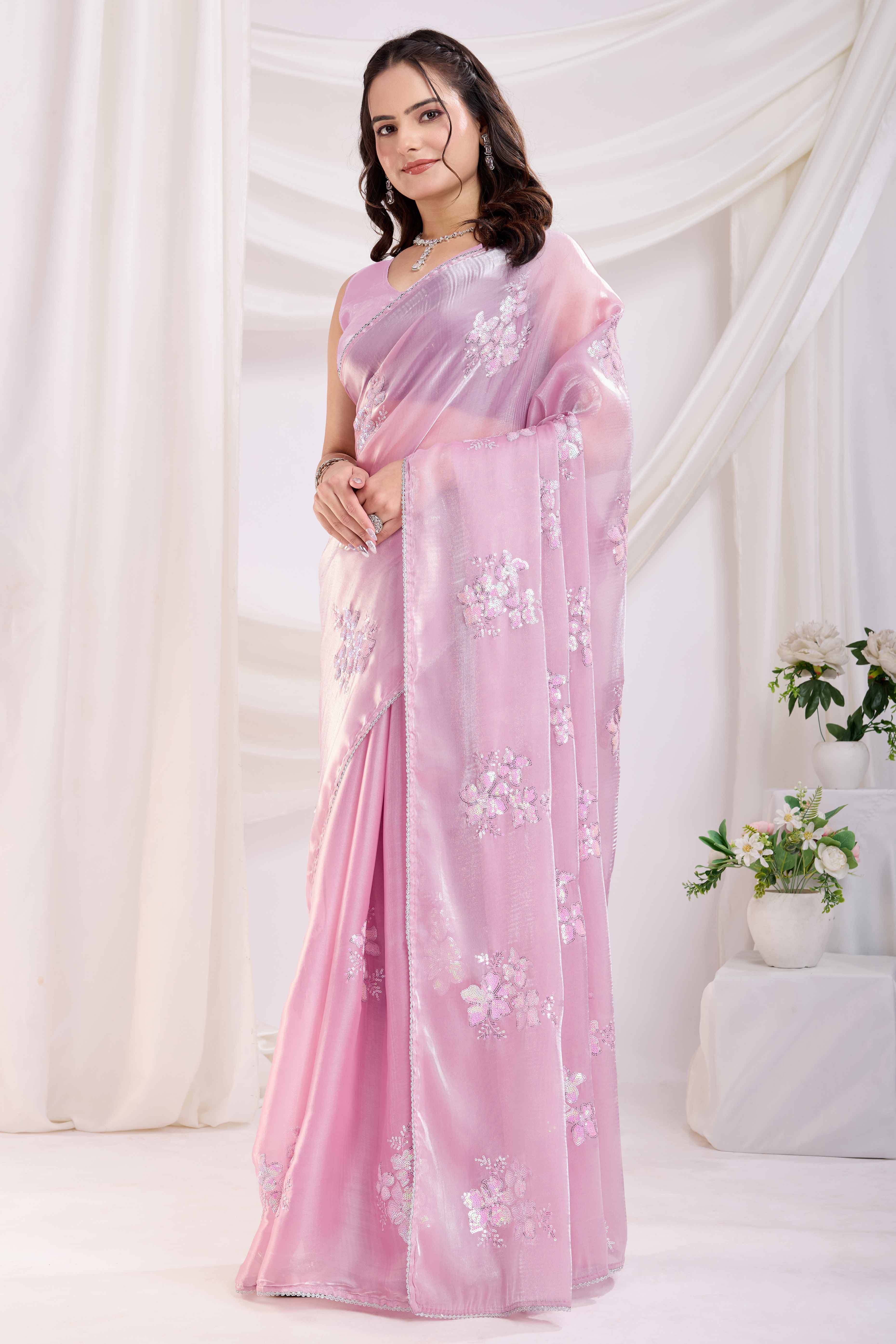 Pink Saree With Exquisite Floral Sequins Embroidery On Luxe Jimmy Choo Silk Blend