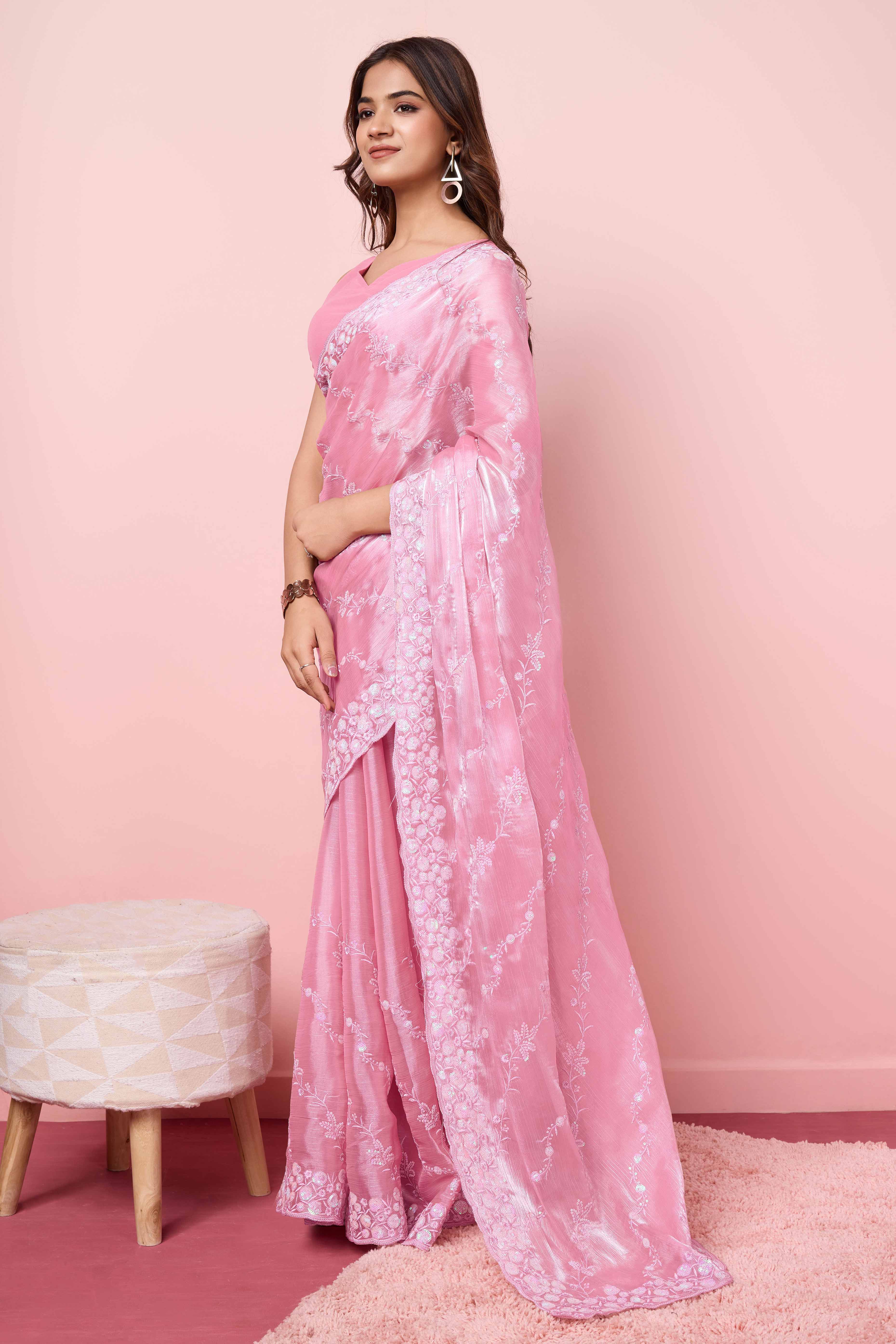 Pink Floral Sequins Embroidered Burberry Silk Saree