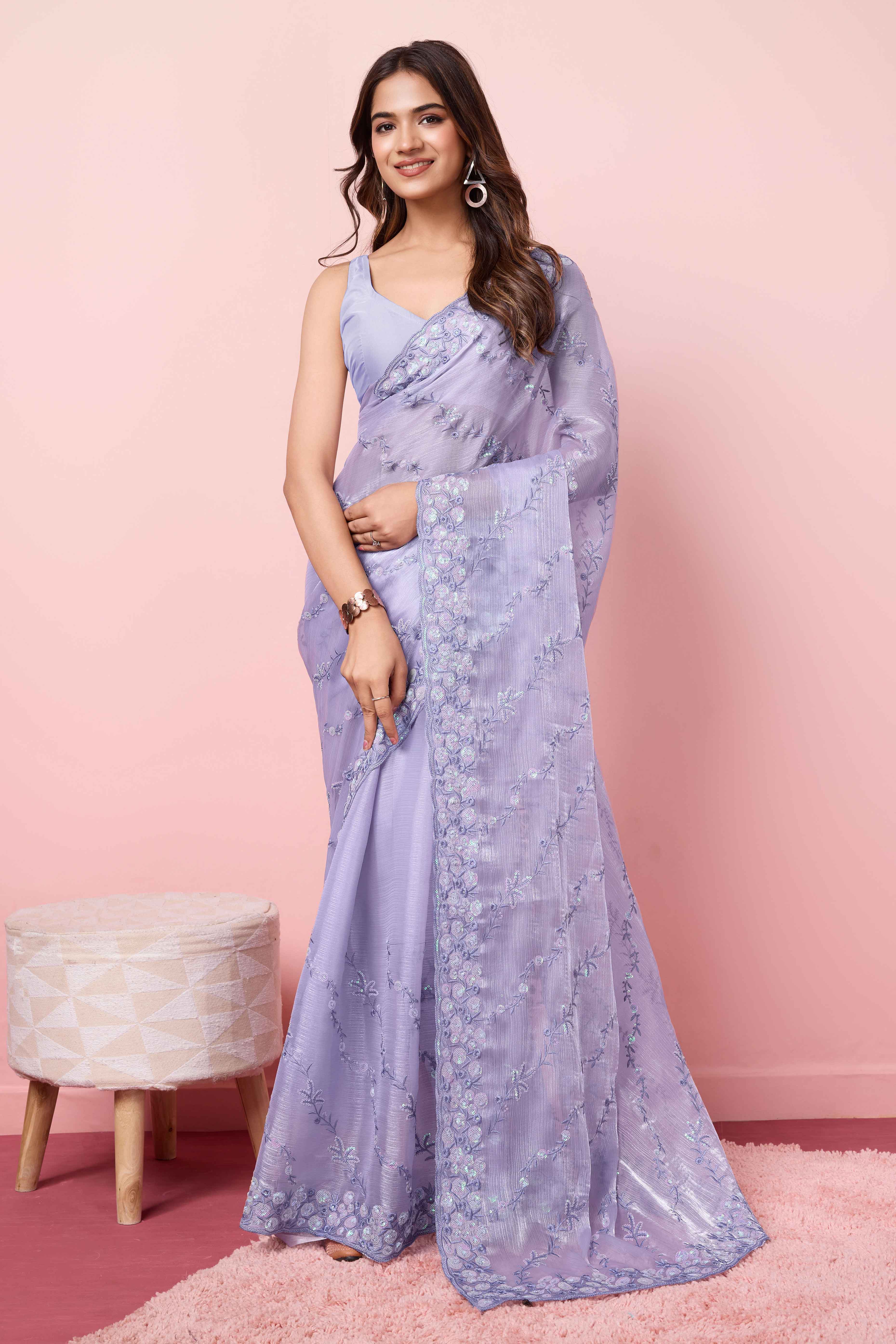 Lavender Floral Sequins Embroidered Burberry Silk Saree