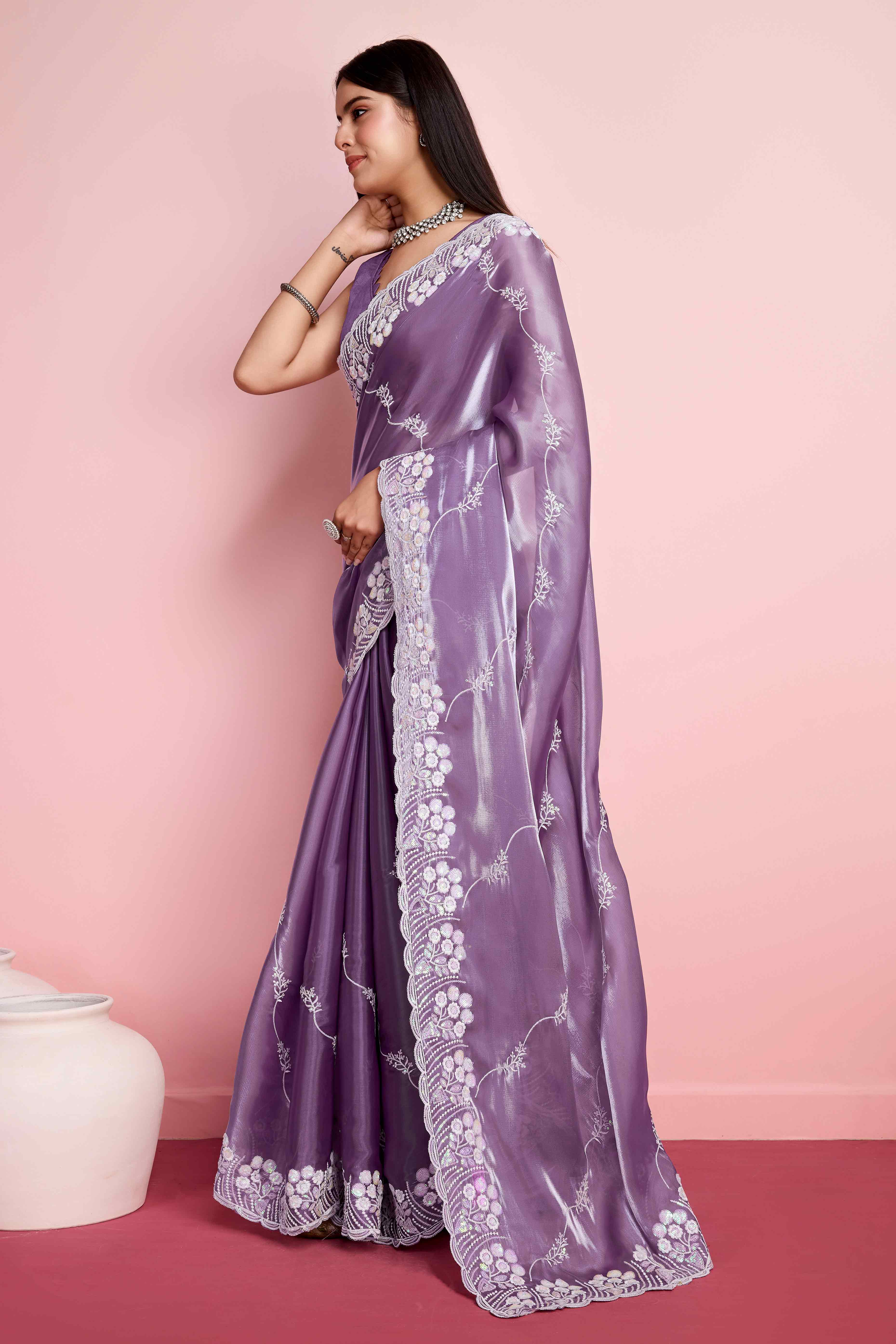 Lavender Floral Sequins Embroidered Jimmy Choo Tissue Saree