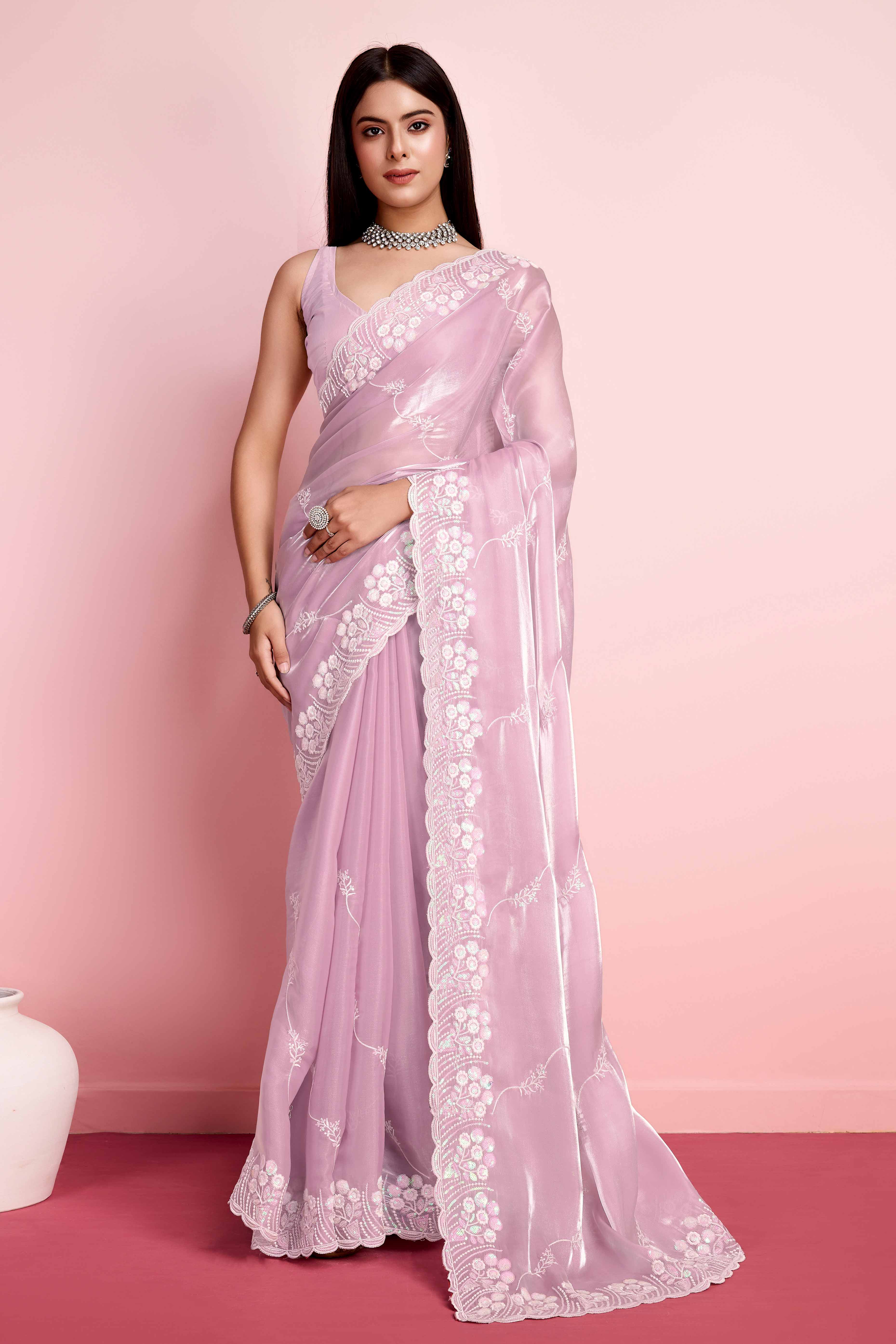 Pink Floral Sequins Embroidered Jimmy Choo Tissue Saree