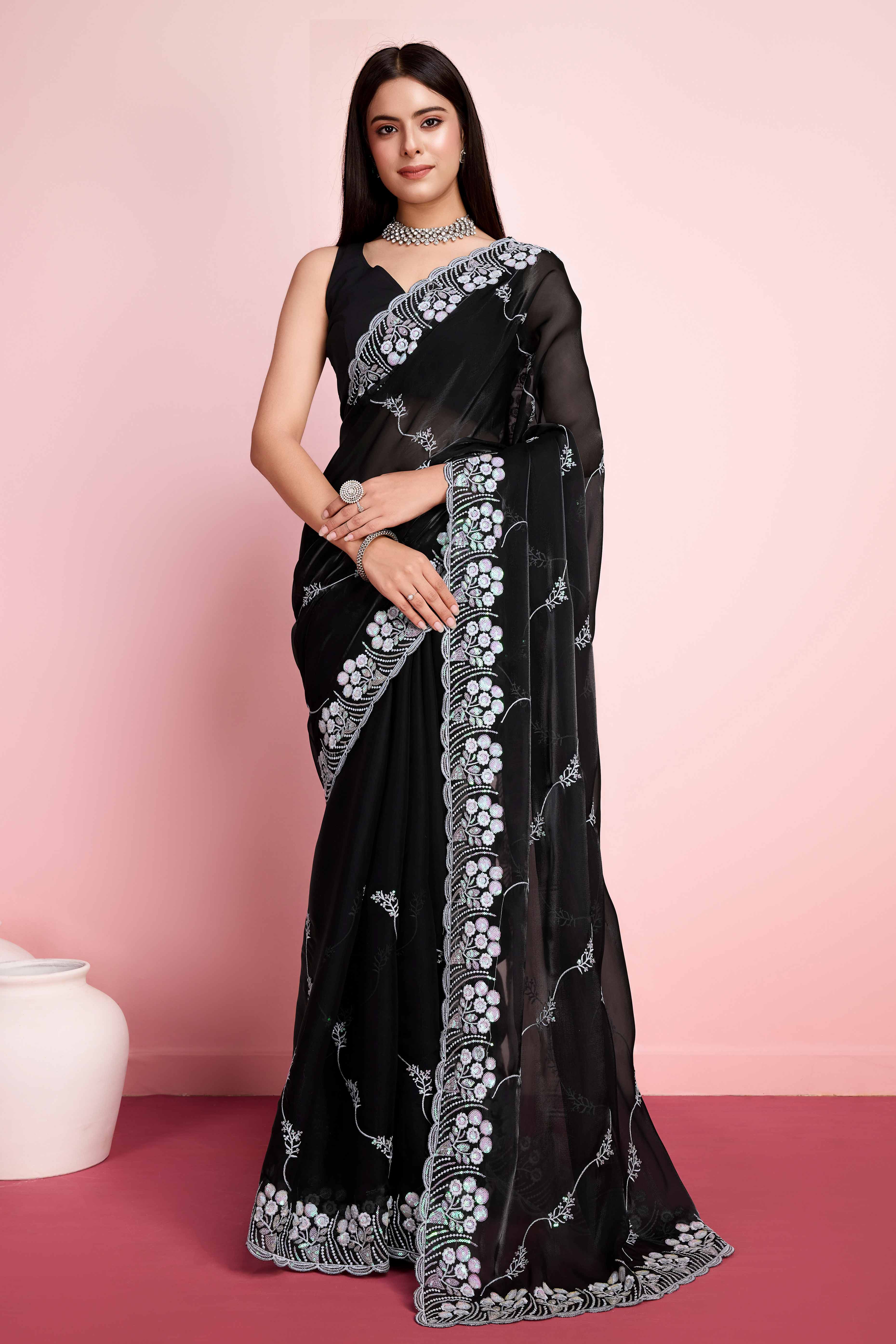 Black Floral Sequins Embroidered Jimmy Choo Tissue Saree