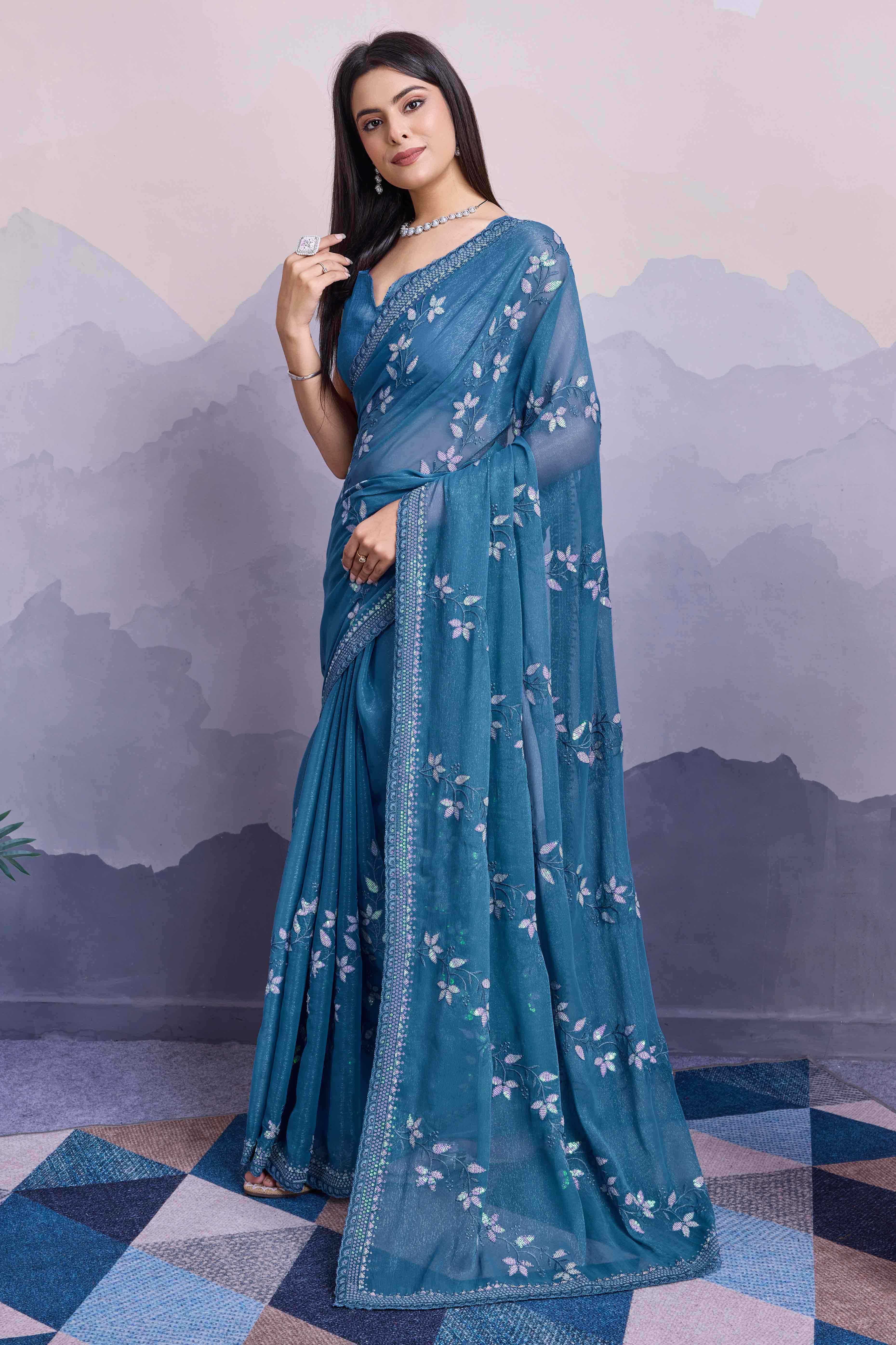 Blue Floral Sequins Embroidered Chiffon Saree