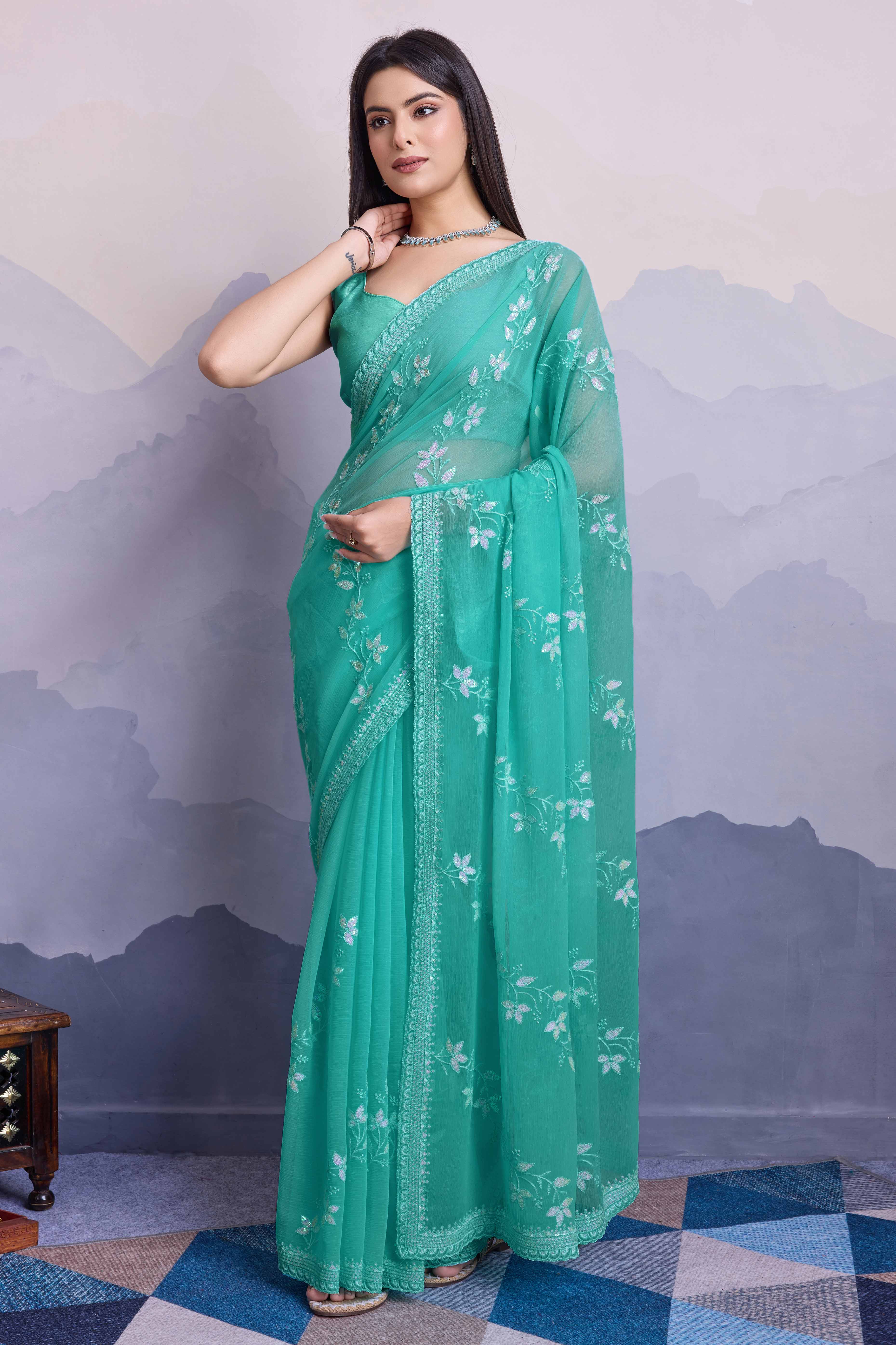 Rama Green Floral Sequins Embroidered Chiffon Saree